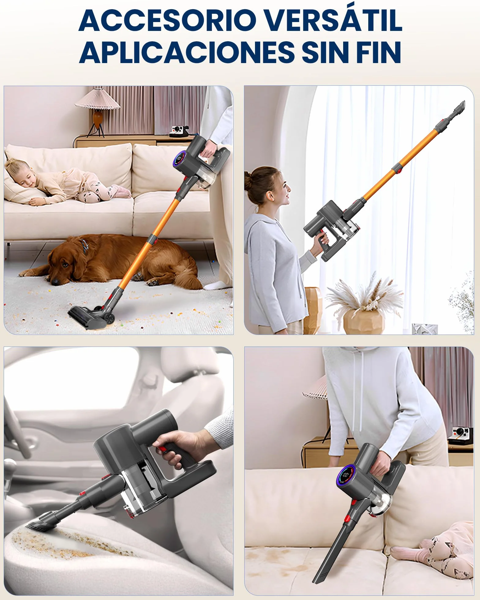 DP2 Aspiradora Sin Cable con Doble Batería, 45KPa/60Min/500W, Pantalla LED, Tubo Telescópico, Autónomo, Luz Verde, Aspiradora Escoba Sin Cable para Pelo de Mascotas/Alfombras/Suelos Duros