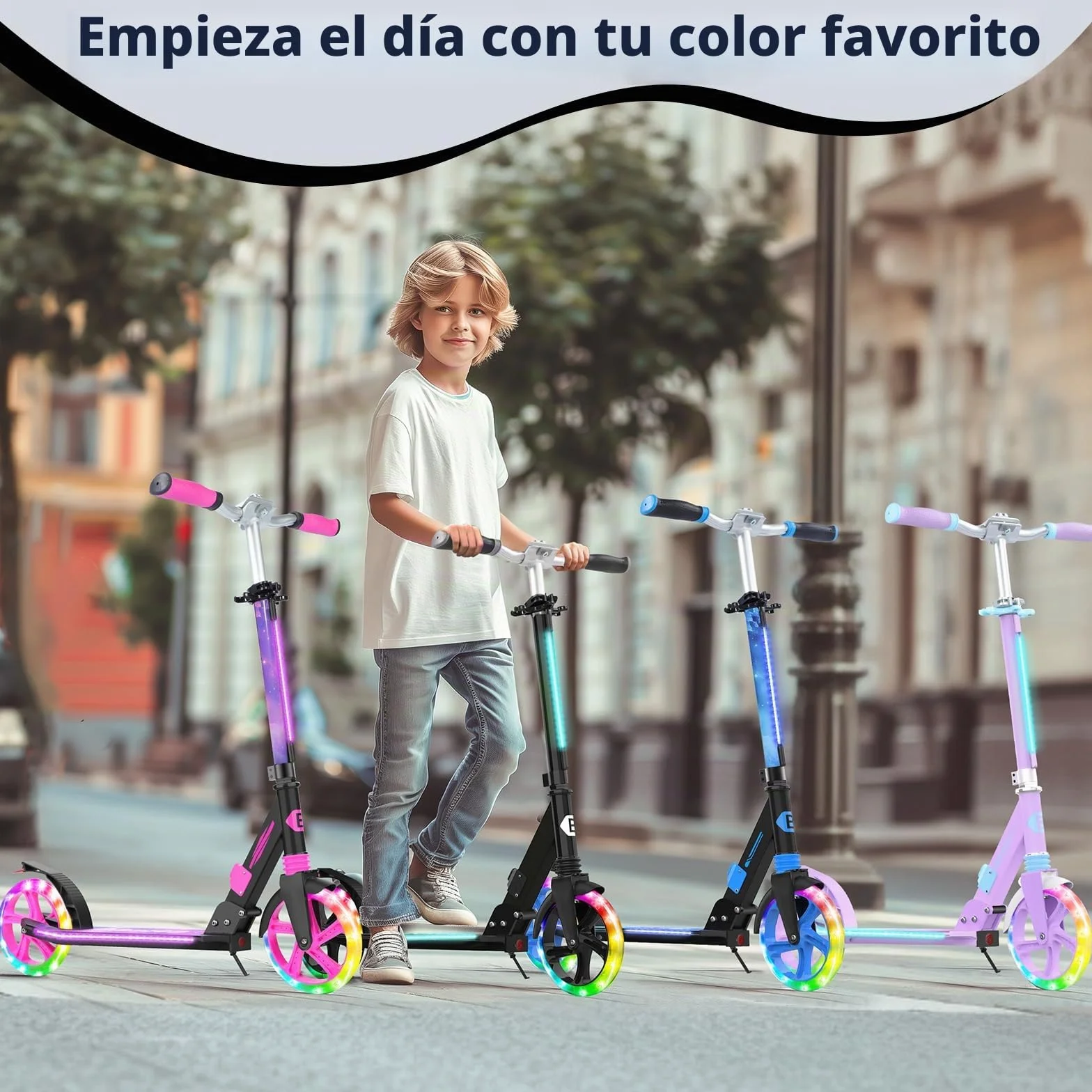 BELEEV Patinete Plegable 2 Ruedas con Luces LED, Rueda 200mm, Altura Ajustable, Adulto Niño
