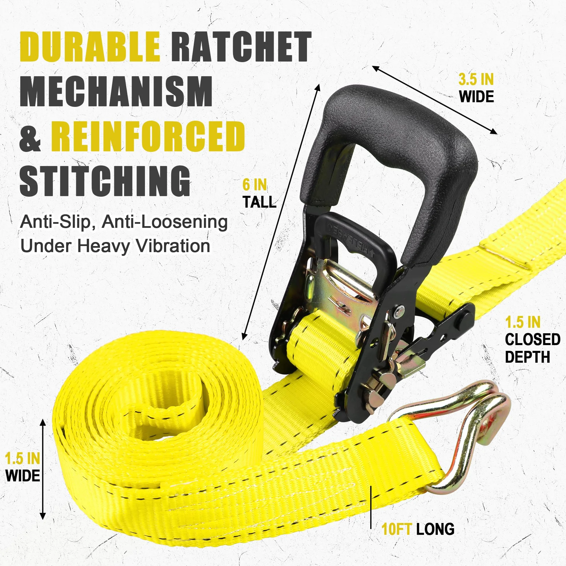 AWELCRAFT 4500 Lbs 1.5 x 15 Ft Ratchet Straps with Double J Hooks Soft Loops