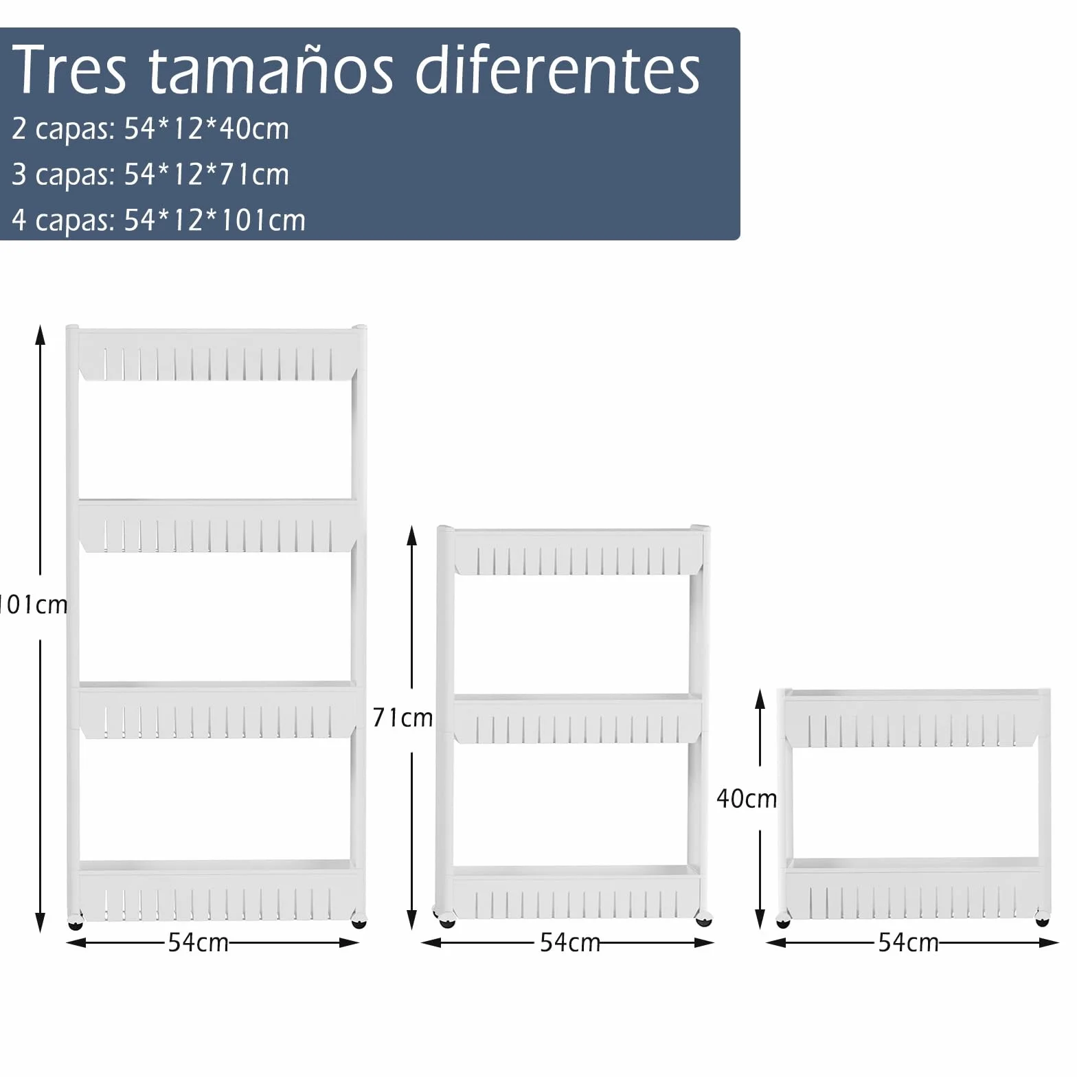Carro Carrito Slim Estrecho Multiusos, por Ahorro De Espacio, con 4 Ruedas y 3 Cestos Niveles De Almacenamiento, para Cocina, Baño, Armario, Garage, Medidas 54x13x71cm