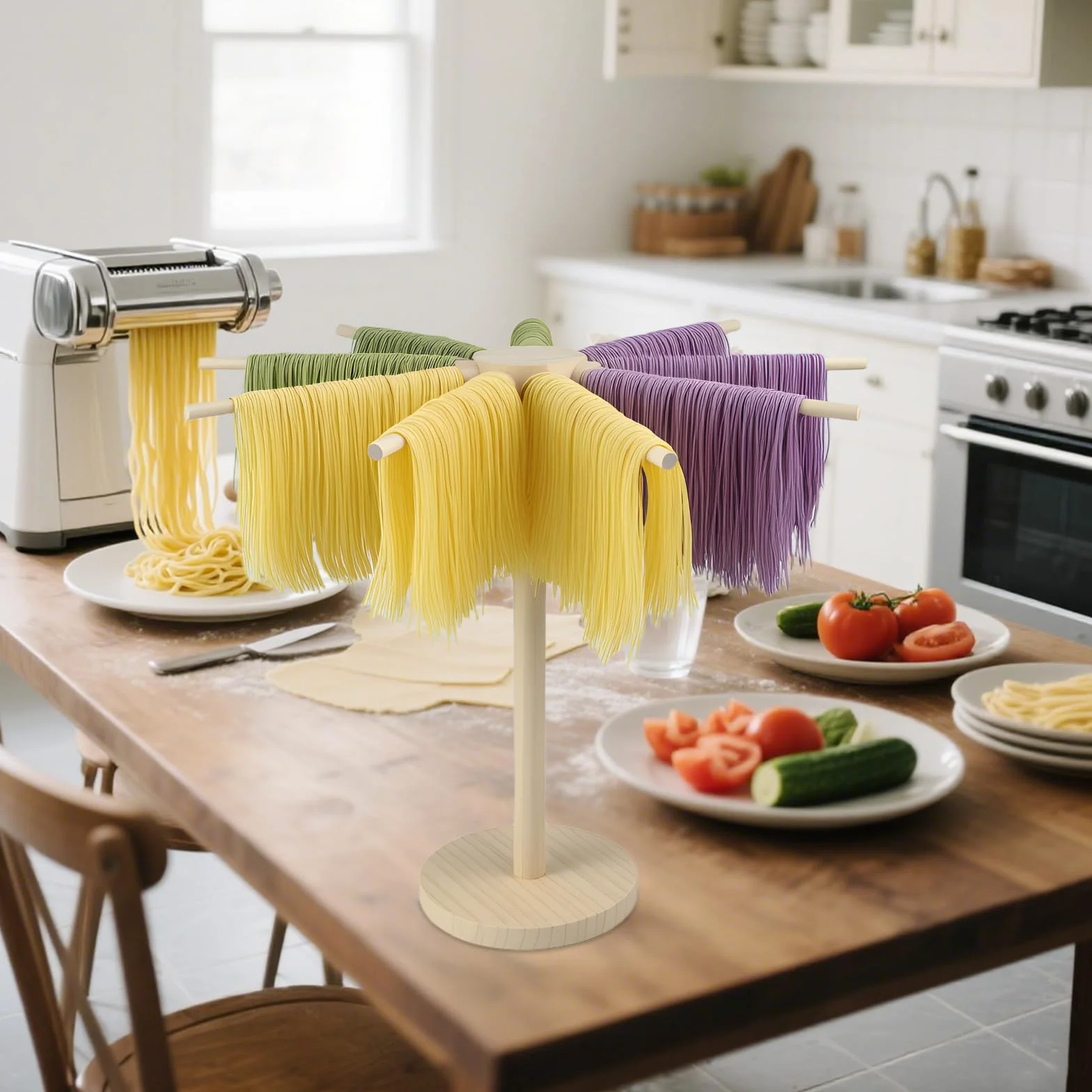 Estante de Secado de Pasta Plegable Plegable - Base de Madera con 9 Brazos Desmontables, Reutilizable, estirador de Pasta para Casa, Cocina