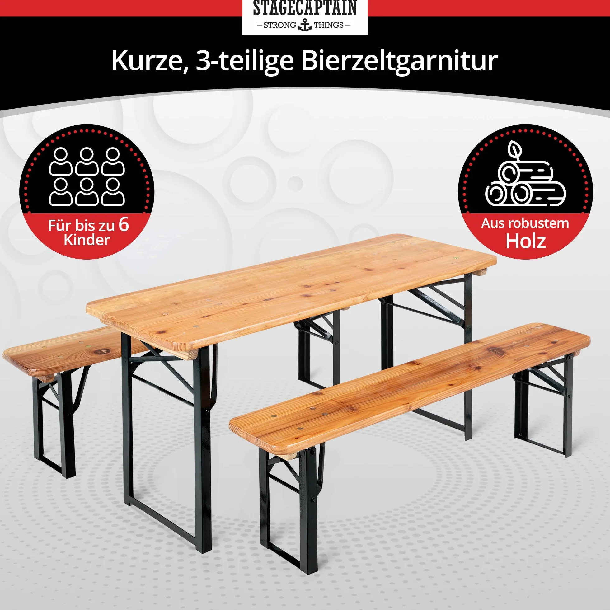 Stagecaptain BBK-110 Hirschgarten - Conjunto Infantil Plegable 110 cm: 1 Mesa + 2 Bancos de Madera, Festivo, Interior/Exterior, Acabado Natural