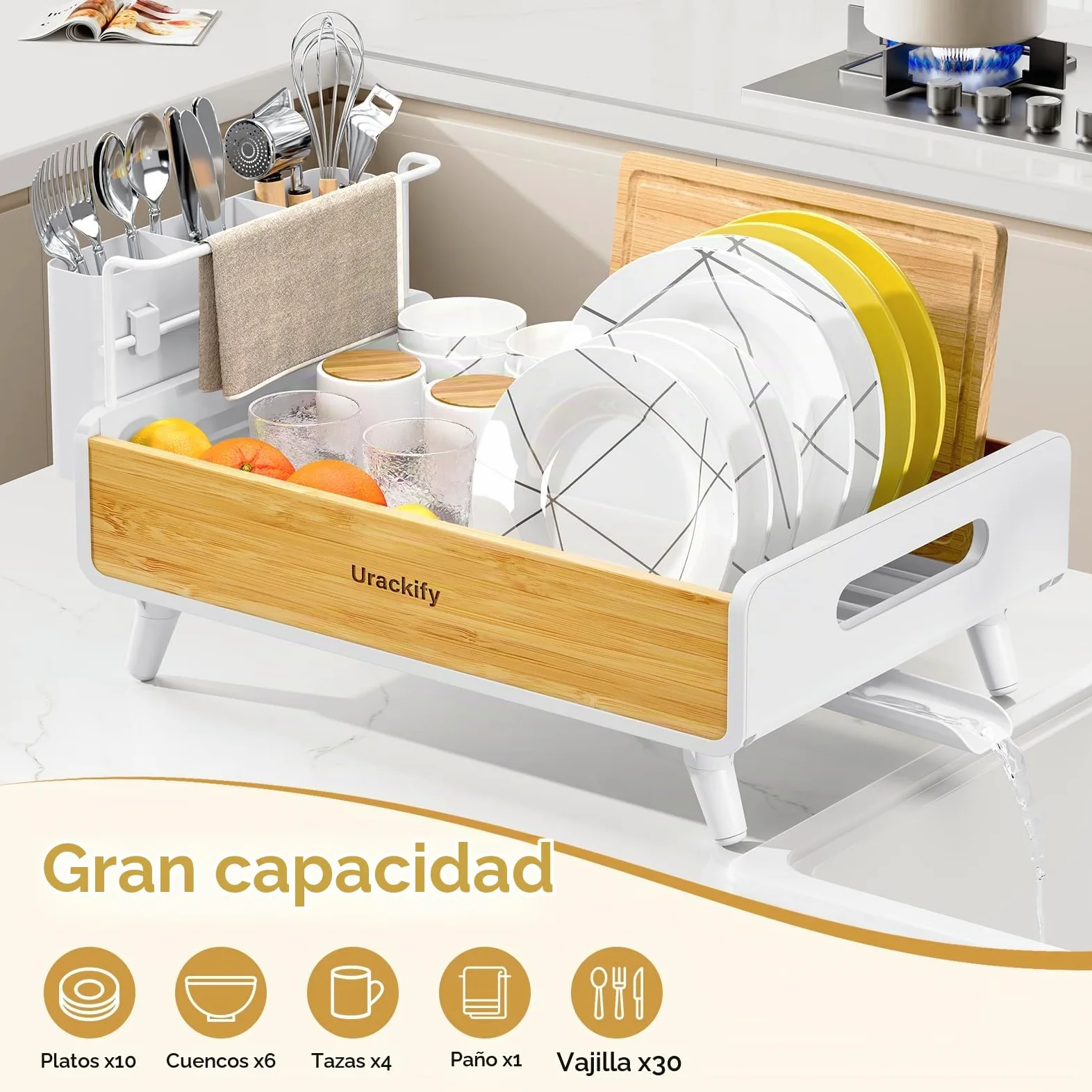 Urackify Escurridor de Platos, Bambú | Acero Inoxidable y Bambú, Soporte Utensilios Extraíble, para Encimera de Cocina
