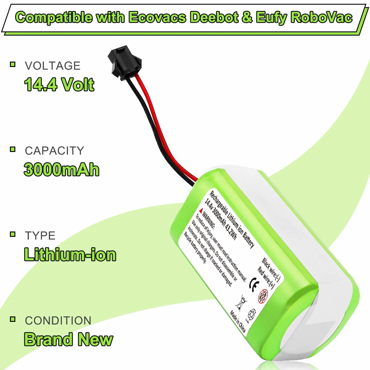 Batería de Lones de Litio 3000mAh 14.4V para Conga Excellence 1090 990 950 1990 1790 para Ecovacs Deebot N79 DN622 N79S IKHOS S15 S14 para Eufy RoboVac 11 12 30 11S 15C 15T 11SMAX 15C 30C 35C