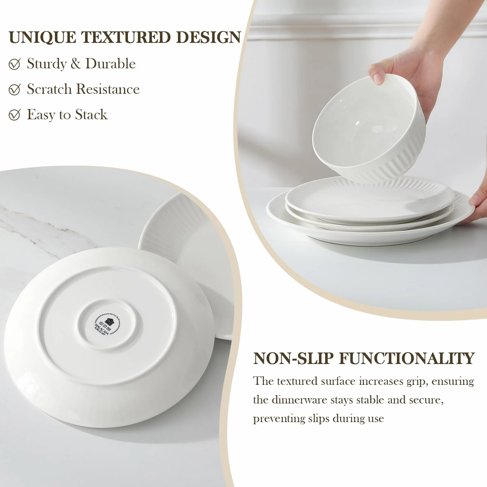 MALACASA Vajillas Completas 6 Personas de Porcelana, 24 Piezas Juego de Vajilla Modernas con Relieve Ondulado, Blanco - Serie LEILA