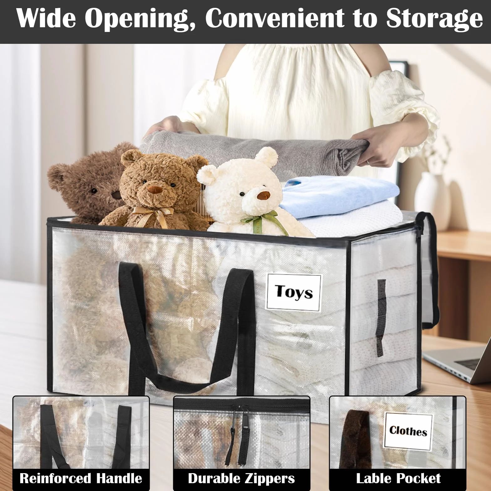 Withosent 100L Grande Bolsa de Almacenamiento, 2 Piezas Impermeable Bolsas de Mudanza con Cremallera y Asa, Bolsas para Guardar Ropa Edredones, Alternativa a las Cajas de Mudanza, Transparente