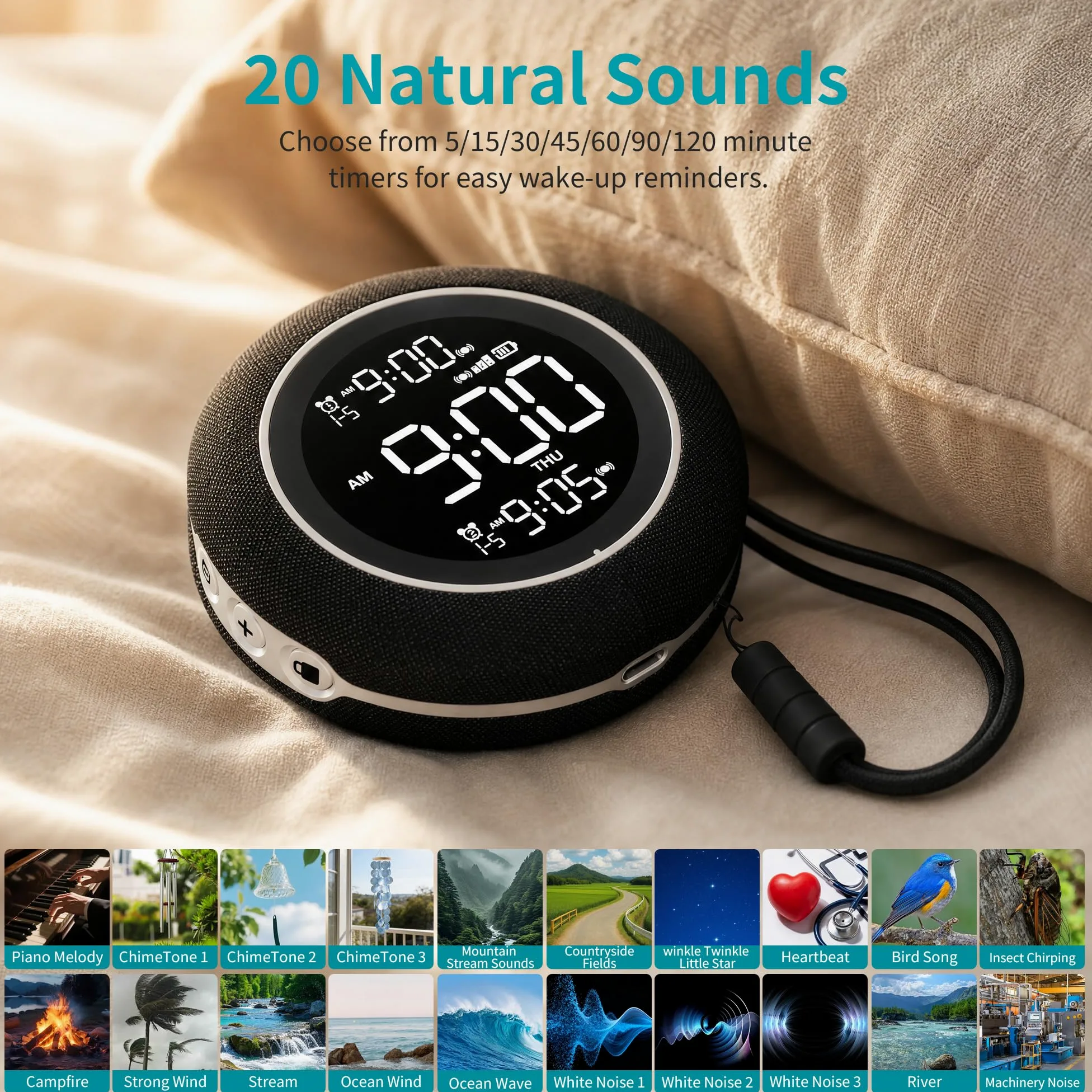 Reloj Despertador con Vibración, Reloj Digital Inalámbrico Recargable 1200mAh con 3 Niveles Vibración, 20 Sonidos, Alarma Doble, 12/24H y DST, Portátil para Viajes
