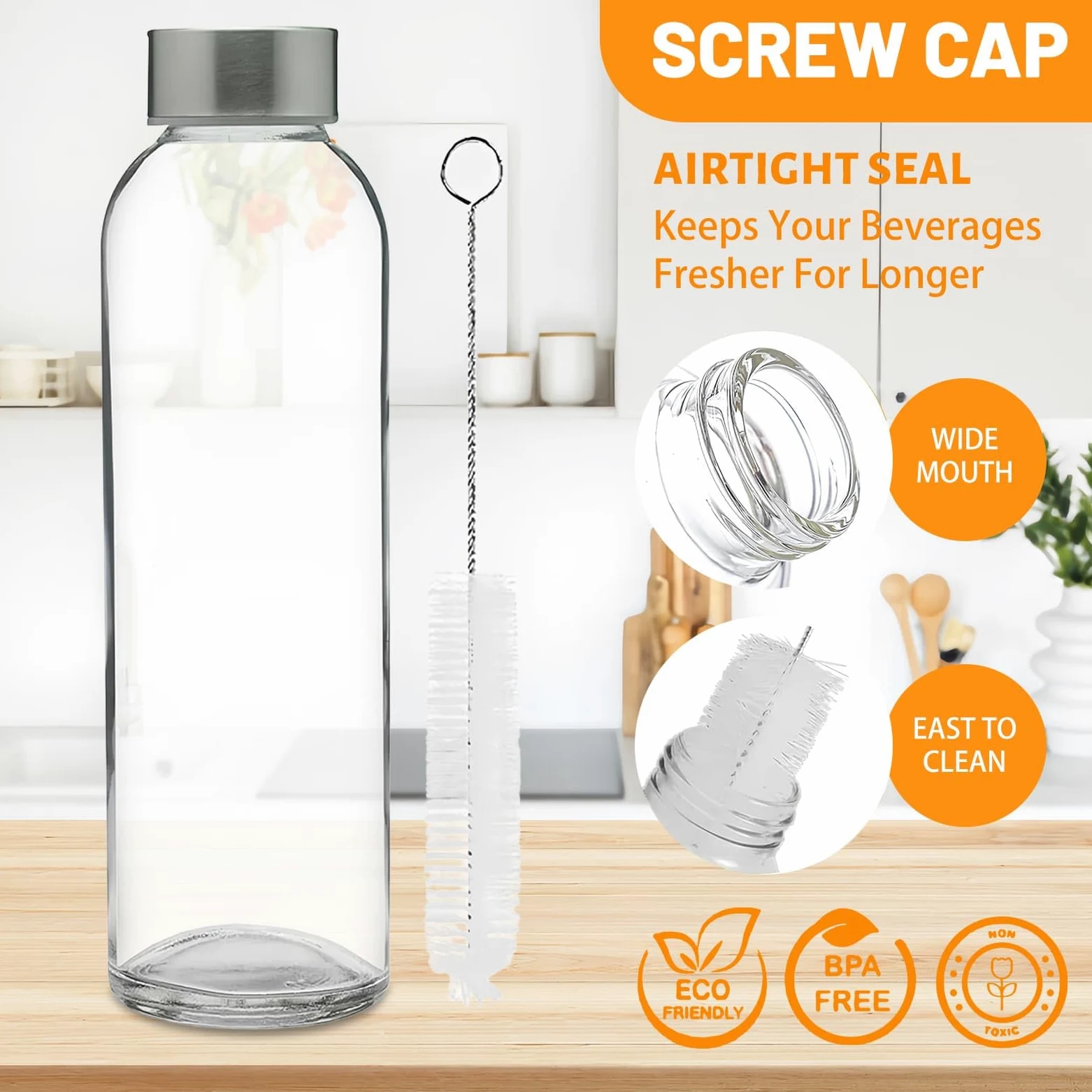 Eidoct 8 botellas de agua de vidrio con tapas, botellas de jugo de vidrio de 500 ml, botella reutilizable a prueba de fugas, botellas de vidrio transparente para jugo, tarro de salsa, bebidas