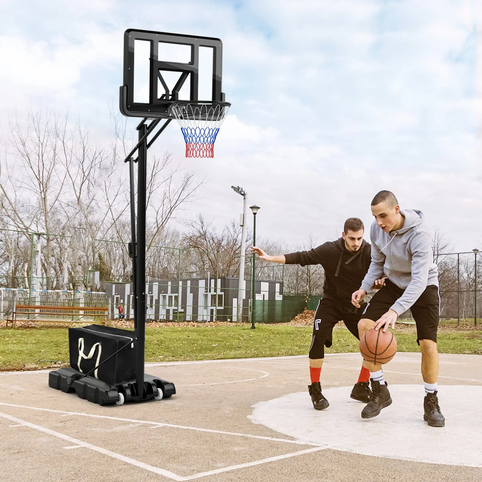 COSTWAY Canasta Baloncesto Altura Ajustable 10 Niveles 143cm-305cm Portátil con Ruedas Base Rellenable