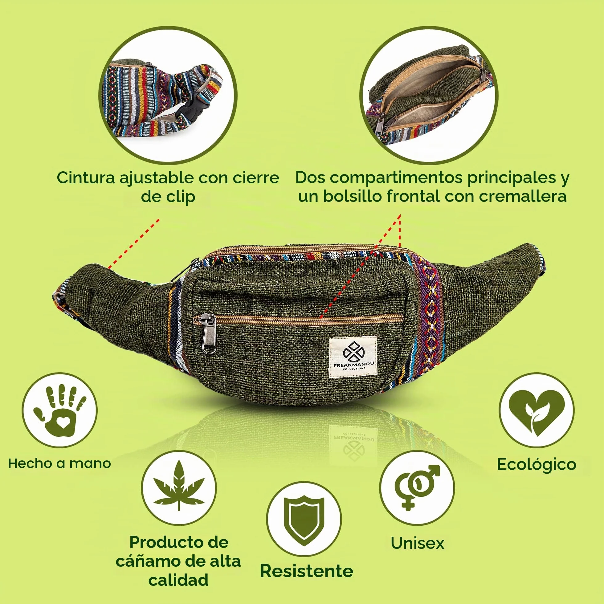 Riñonera Fanny Pack Estilo Bohemio Cáñamo para Viajar Senderismo Correr