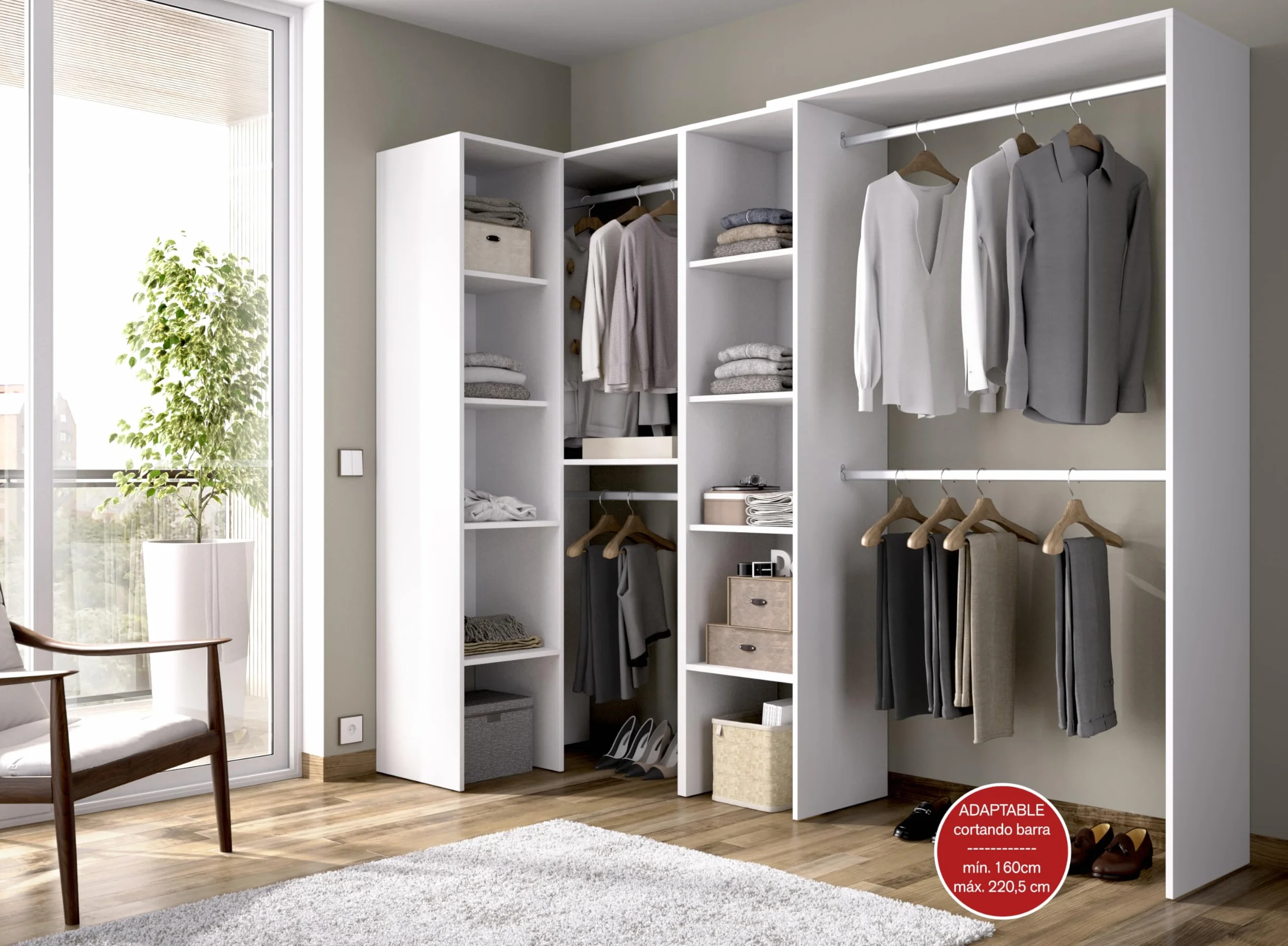DEKIT GRUPO RIMOBEL SUIT - Conjunto de Vestidor rinconero con dos columnas y zona de barras - Blanco - 187 cm (Alto) x 228 cm (Ancho) x 80 cm (Prof.)