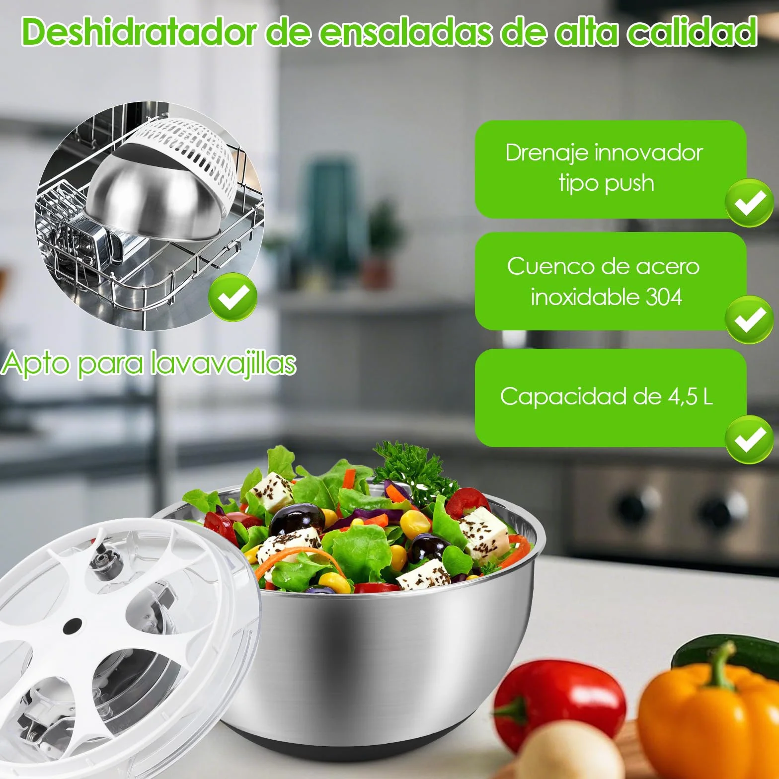 Centrifugadora Lechuga 4,5L de Acero Inoxidable Grande, Escurridor Lechuga Centrifuga con Tapa, Base Antideslizante, Escurridor Ensalada para Lavar y Escurrir Las Ensaladas