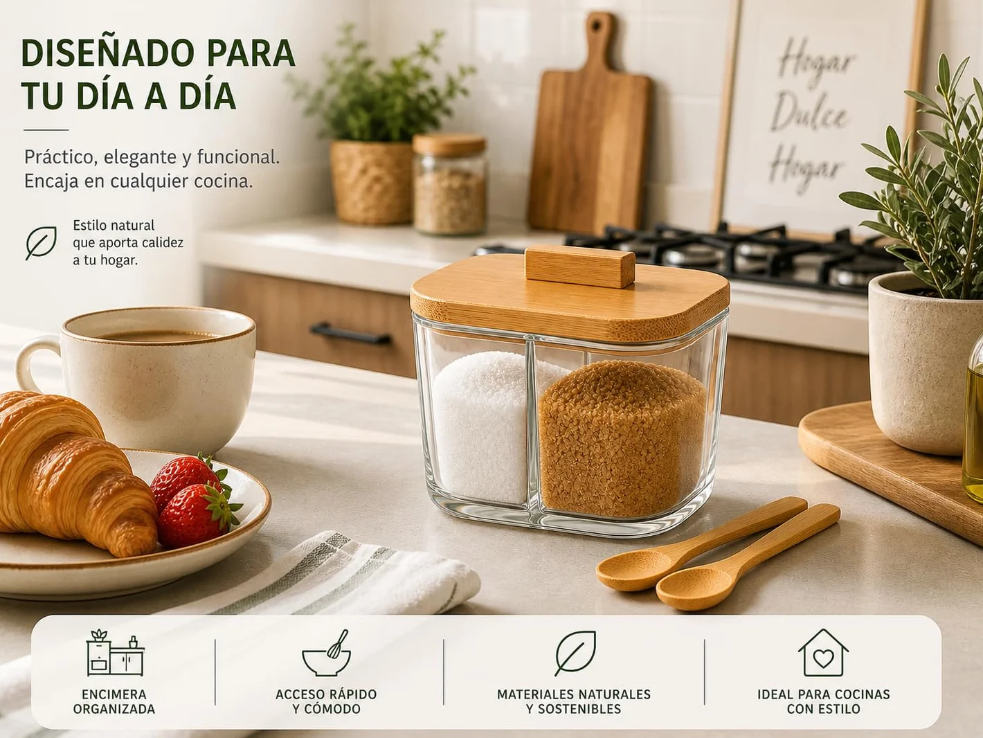 Azucarero Salero con 2 Compartimentos Tapa de Bambú y 2 Cucharas Recipiente para Azúcar Sal o Especias Organizador de Cocina Transparente Bote para Café y Condimentos