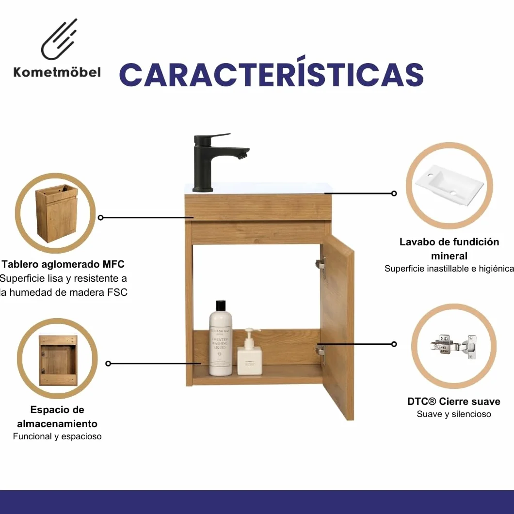 Conjunto Mueble de baño 40 cm con Lavabo y Espejo 100% montado de fábrica (Roble 40cm, con Espejo)