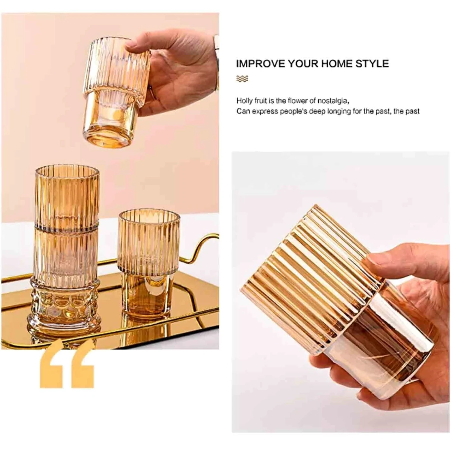 vasos de vidrio Juego de 4 vasos color ámbar, vidrio apilables con forma columna romana y relieve Cristalería de cocina
