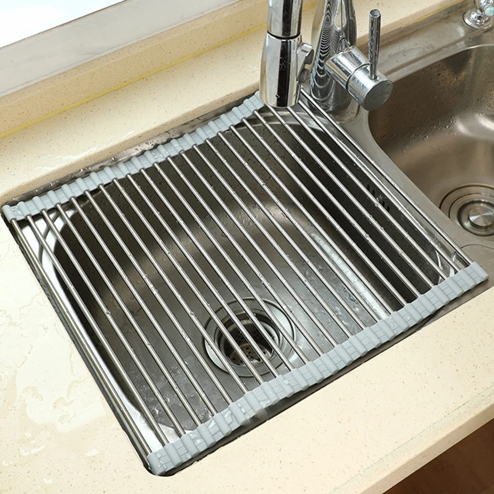 YYL De Múltiples Fines Escurreplatos Enrollable, Plegable Acero Inoxidable sobre Fregadero Cocina Escurridor de Rejilla, para Tazas Frutas Verduras (Size : 22 * 42cm/8.66 * 16.5in)