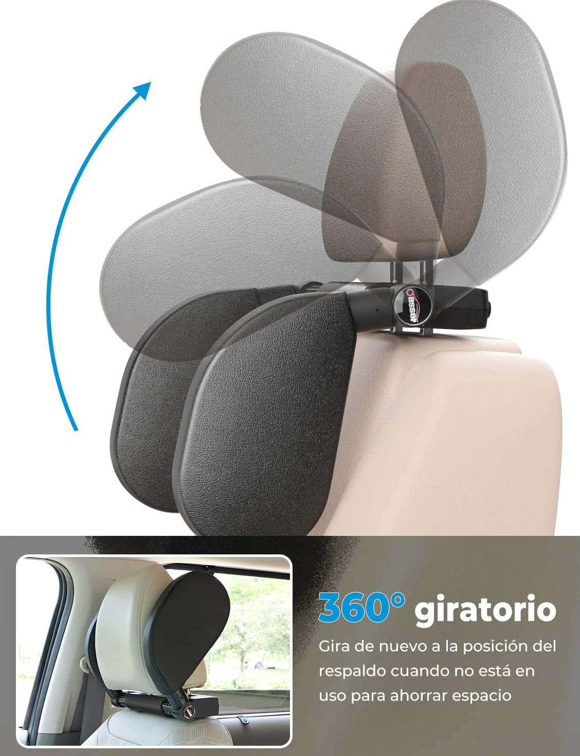 Oasser Reposacabezas Coche 360 Grados Ajustable Cuero Transpirable Negro