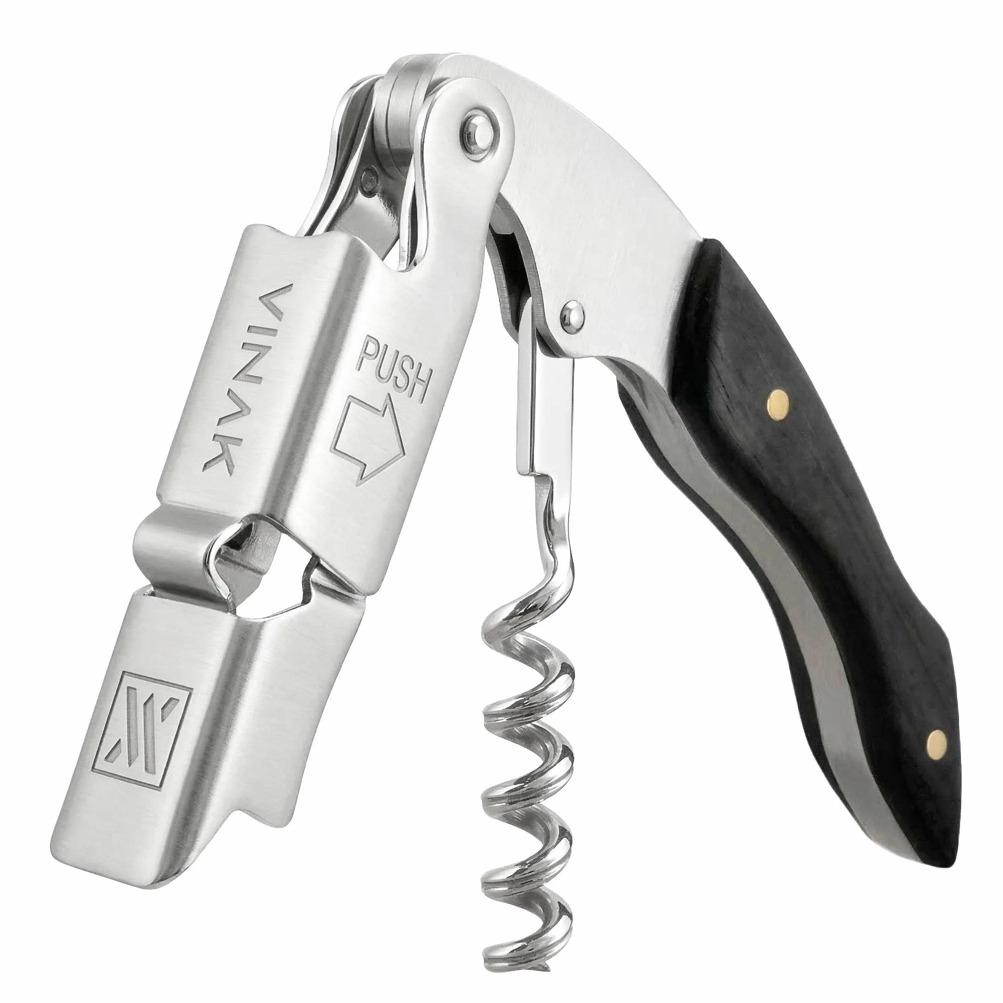 VINAK - Sacacorchos Camarero Profesional XPERT | Acero Inoxidable y Madera de Ébano | Doble Apoyo Articulado | Abrebotellas y Navaja Cortacápsulas | Espiral Profesional