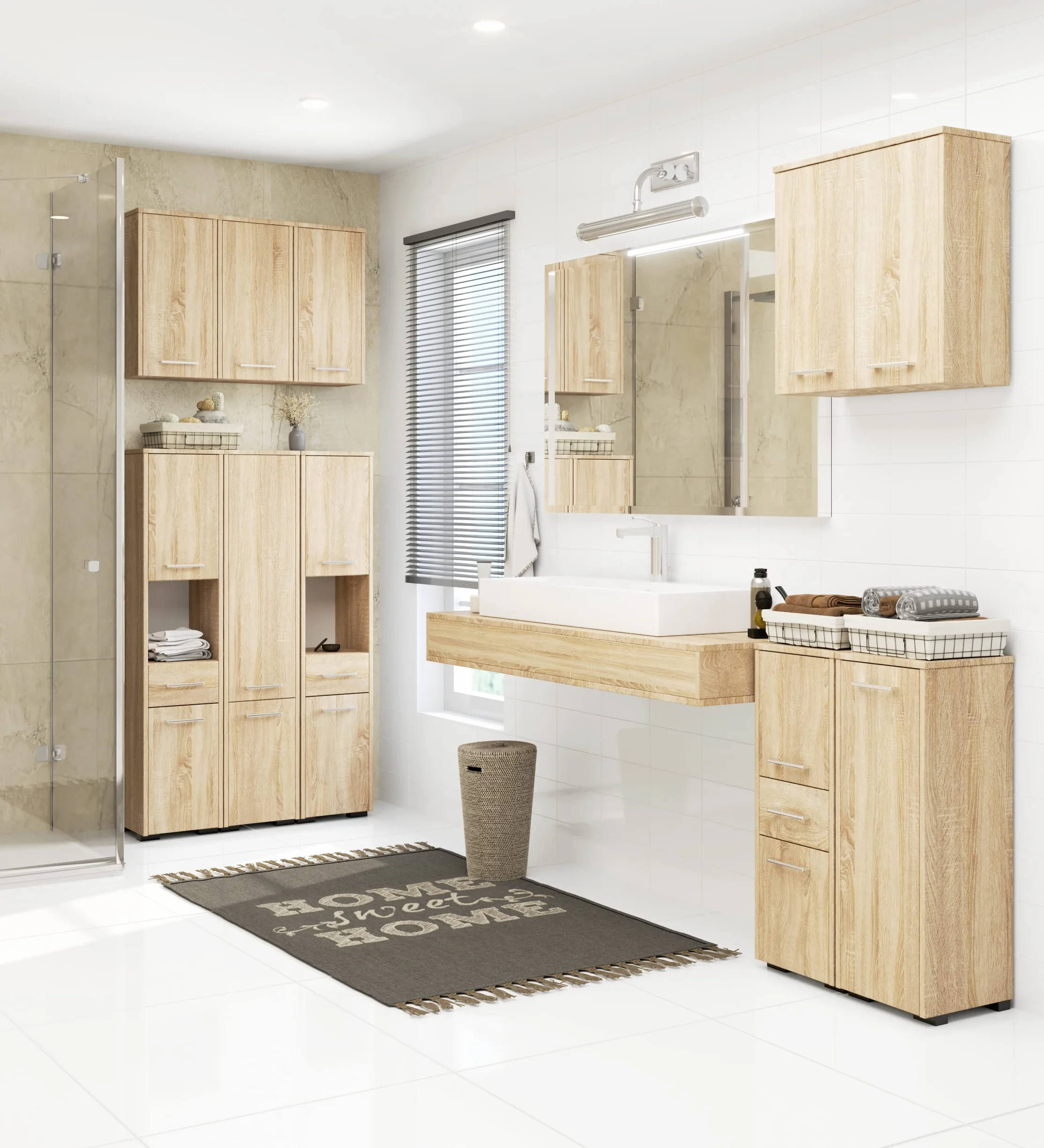 AKORD | Armario Alto de Baño | Cómoda de Baño | Fin 2P, 2 Puertas (Superior e Inferior) | A30 x H140 x F30 cm | 25 kg | Armario Colgante o para Montaje en Pared | Roble Sonoma
