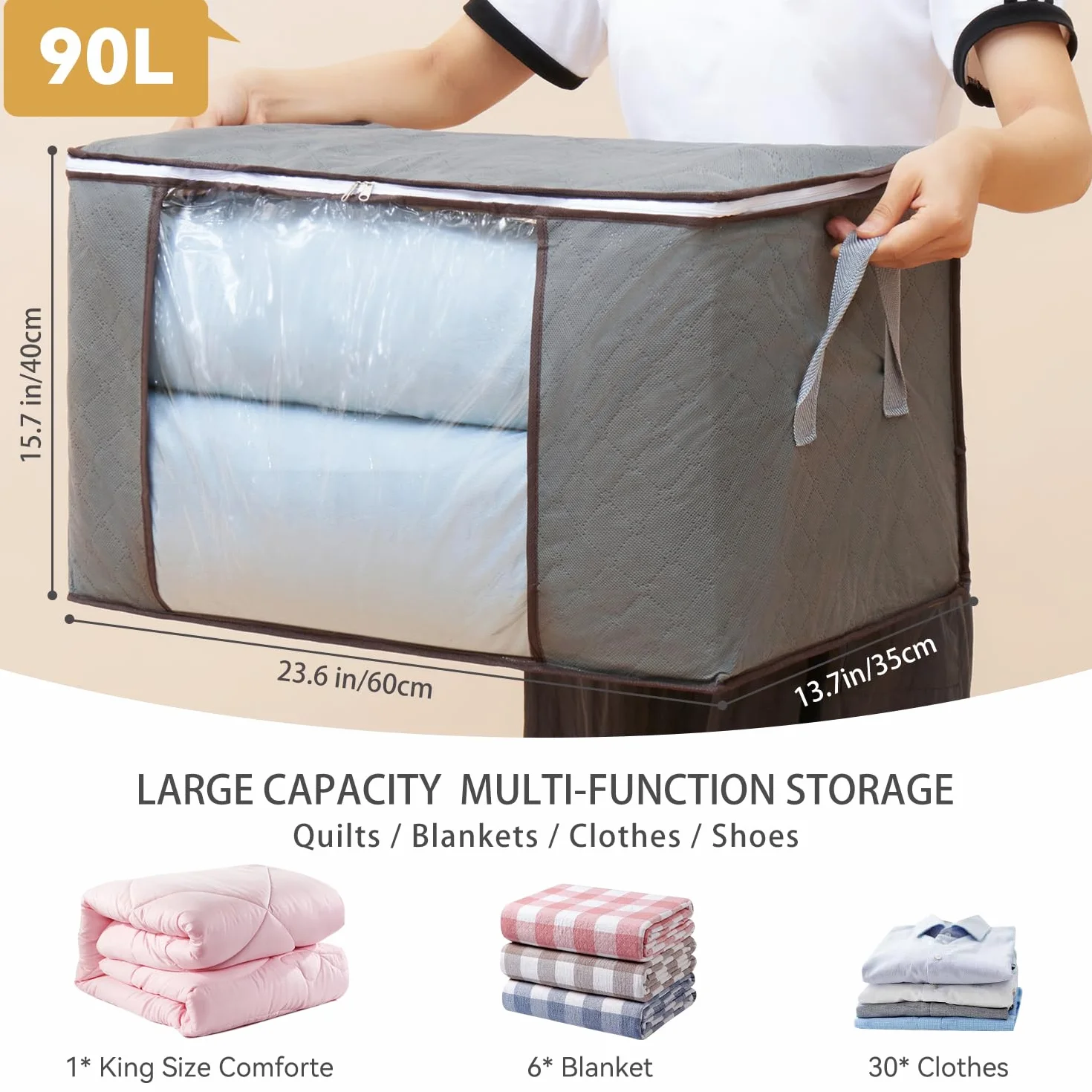 4 Piezas 90L Bolsas Almacenaje Ropa, Cajas Almacenaje Ropa, Cajas Almacenaje Plegable, Bolsas Para Guardar Ropa Con Mango Reforzado Para Guardar, Edredones, Mantas, Gris