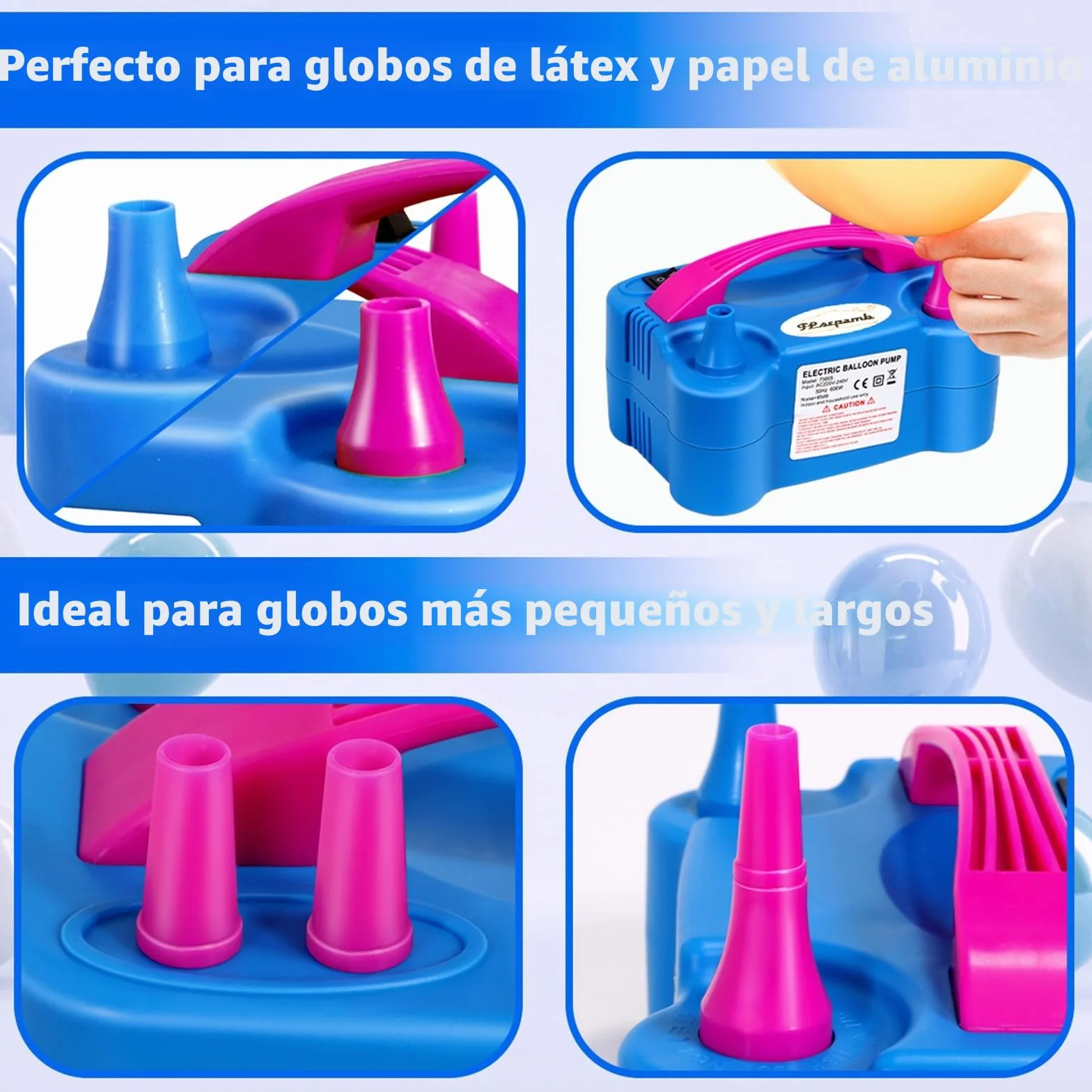 FLSEPAMB Inflador de Globos Electrico 600W ，Hinchador Balones Electrico con 2+2 Boquillas, Maquina Inflar Globos con 2 Modos de Inflado para Decoraciones de Cumpleaños, Fiestas y Bodas