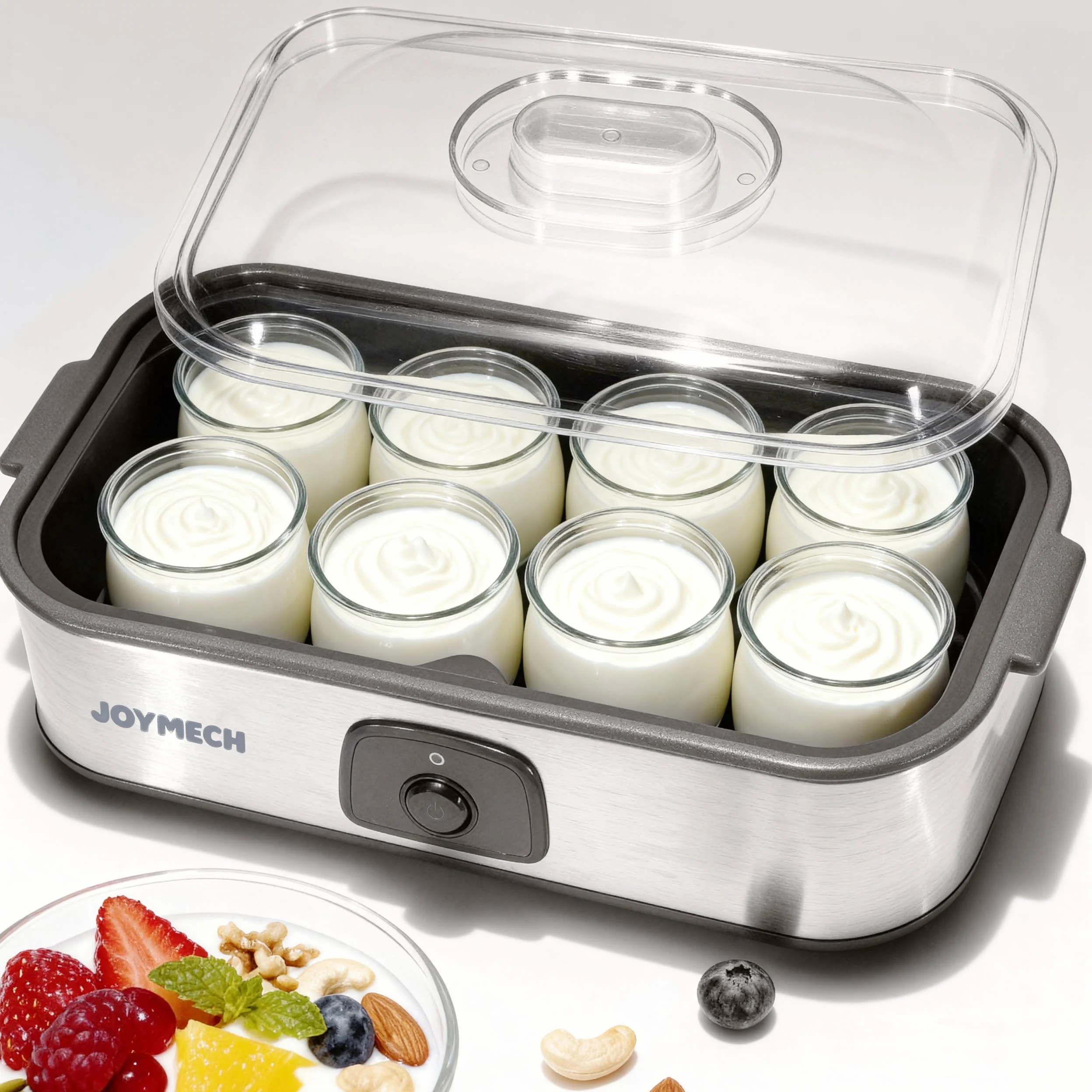 JoyMech Máquina para hacer yogurt, 8 tarros de vidrio con tapas reutilizables para yogur, avena, pudín o gelatina, marcial de grado alimenticio, control de un solo toque, yogur casero