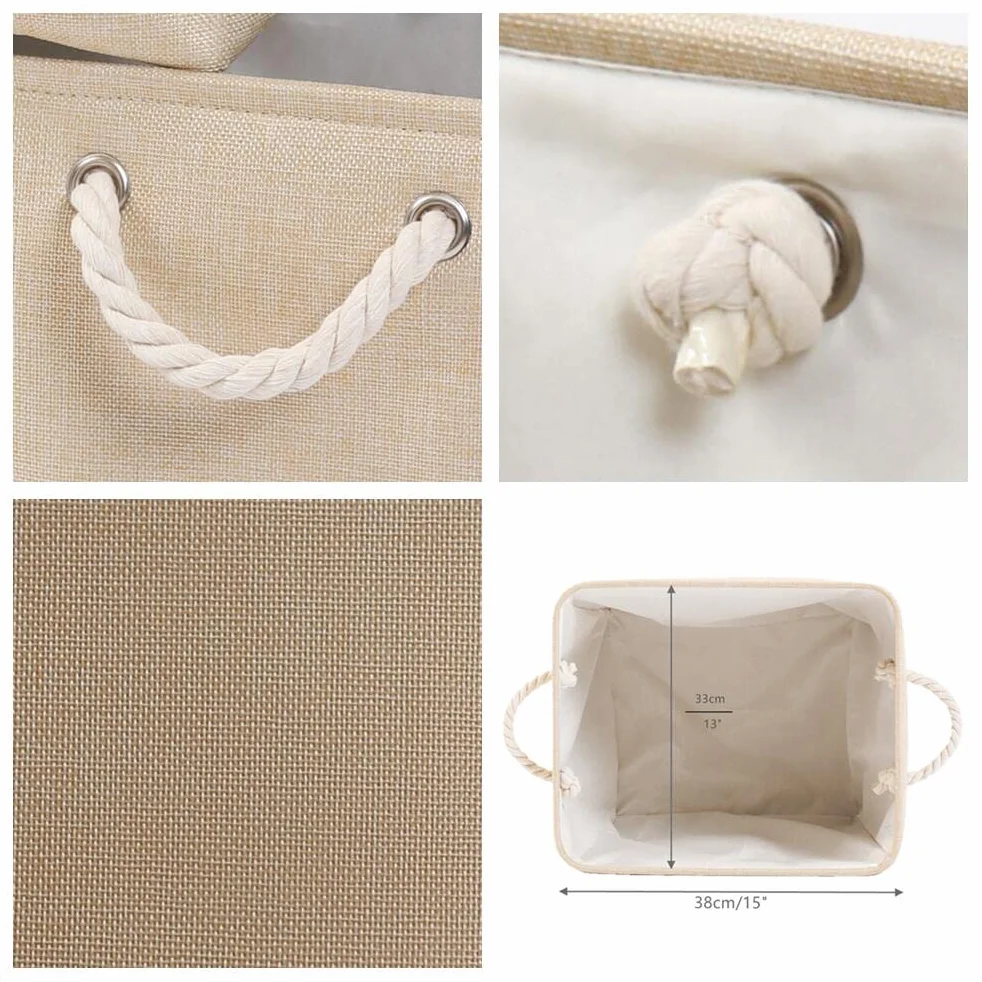 Mangata Cestas Almacenaje Plegables 33x38x33 cm Lona Engrosada Asas Cuerda Beige 4 Pack