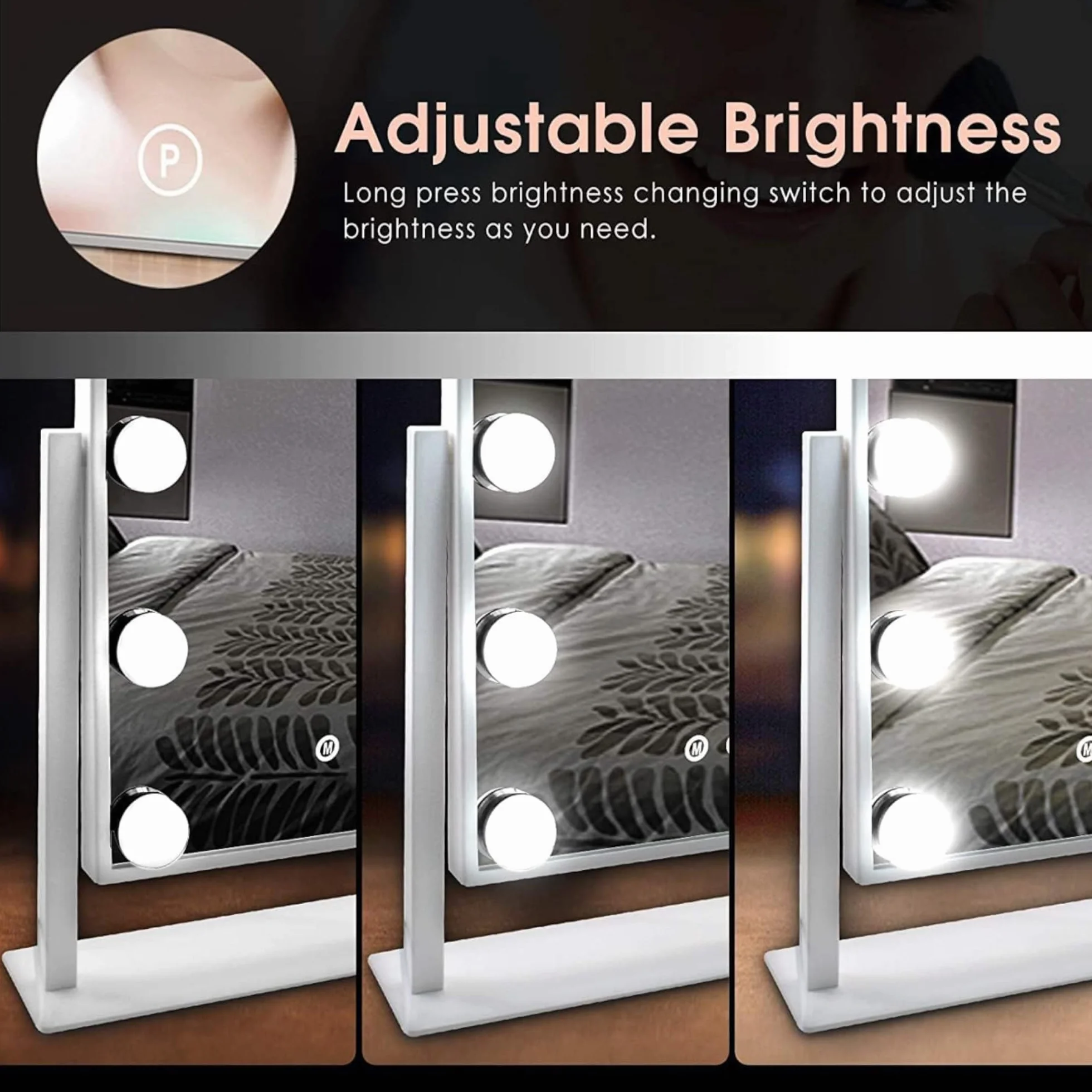 Espejo de Maquillaje con Iluminación LED, 15 Bombillas, 3 Modos de Luz, Control Táctil, USB Recargable, Aumento