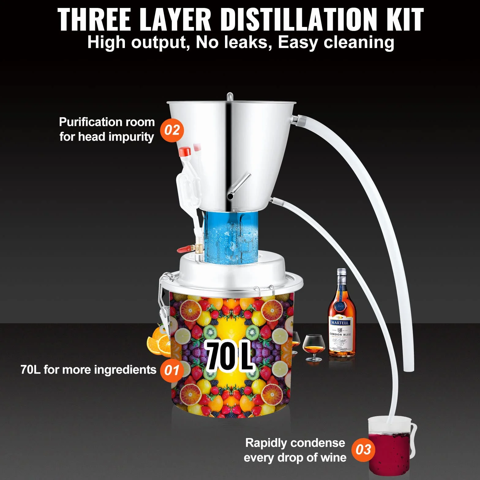 VEVOR Destilador de Alcohol para Uso Doméstico con Bomba de Agua 6,8-8 W Capacidad de 70L Kit de Destilación de Alcohol de Acero Inoxidable Kit de Destilador de Agua para Vino, Licor, Aceite Esencial
