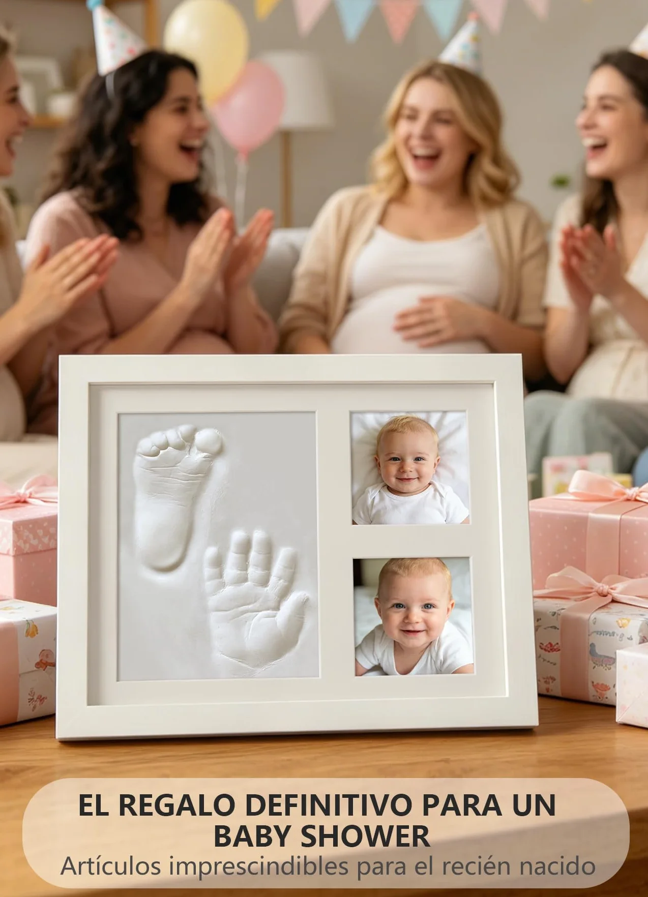 Kit de Huellas de Mano y Pie para Bebé, Arcilla Segura, Marco Personalizado, Regalo Baby Shower - Blanco