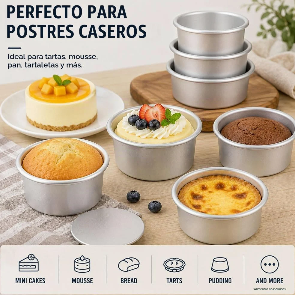6 Piezas Moldes Reposteria Aluminio Anodizado 10/13/15/18/20/25 cm | Redondo Molde para Pastel con Base Extraíble, Molde Bizcocho Alu Anodizado para Capas de Tarta, Argento