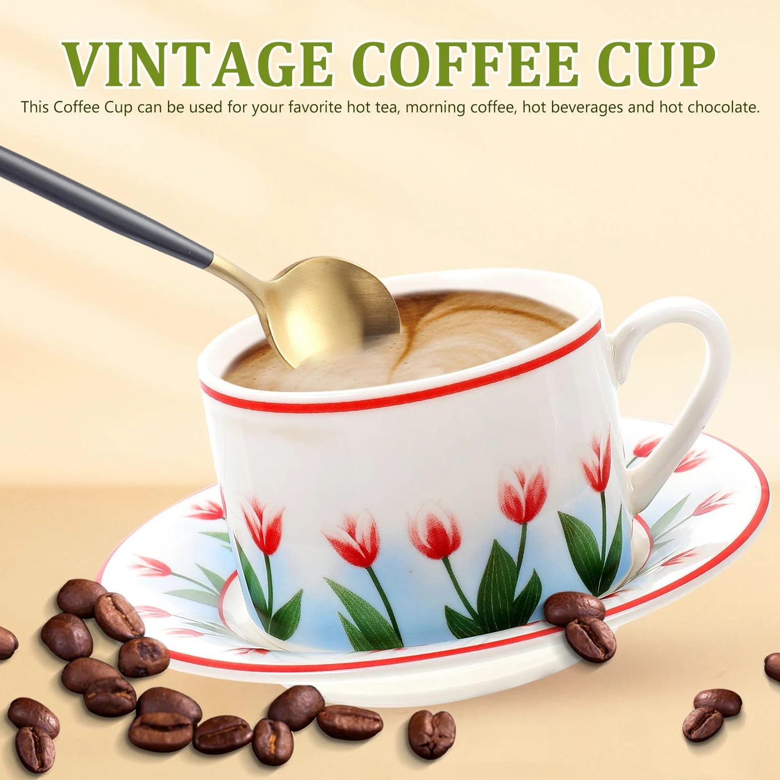 Genérico Juego de 2 Tazas de Café Vintage de Cerámica con Platillo | Agarre Cómodo y Asa Ergonómica, Superficie Lisa, Capacidad Adecuada para Uso Diario y Fiestas