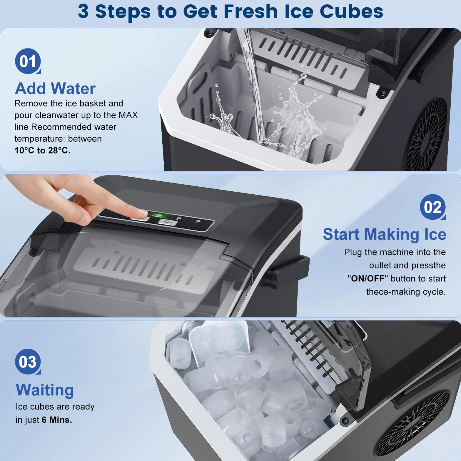 Maquina de Hielo, 9 Cubos en 8 Minutos,2 Tamaños de Hielo,1,5L Tanque,14Kg/24H, Ice Maker Machine Autolimpiante con Asa, Pala para Inicio/Cocina/Oficina/Bar (Negro)