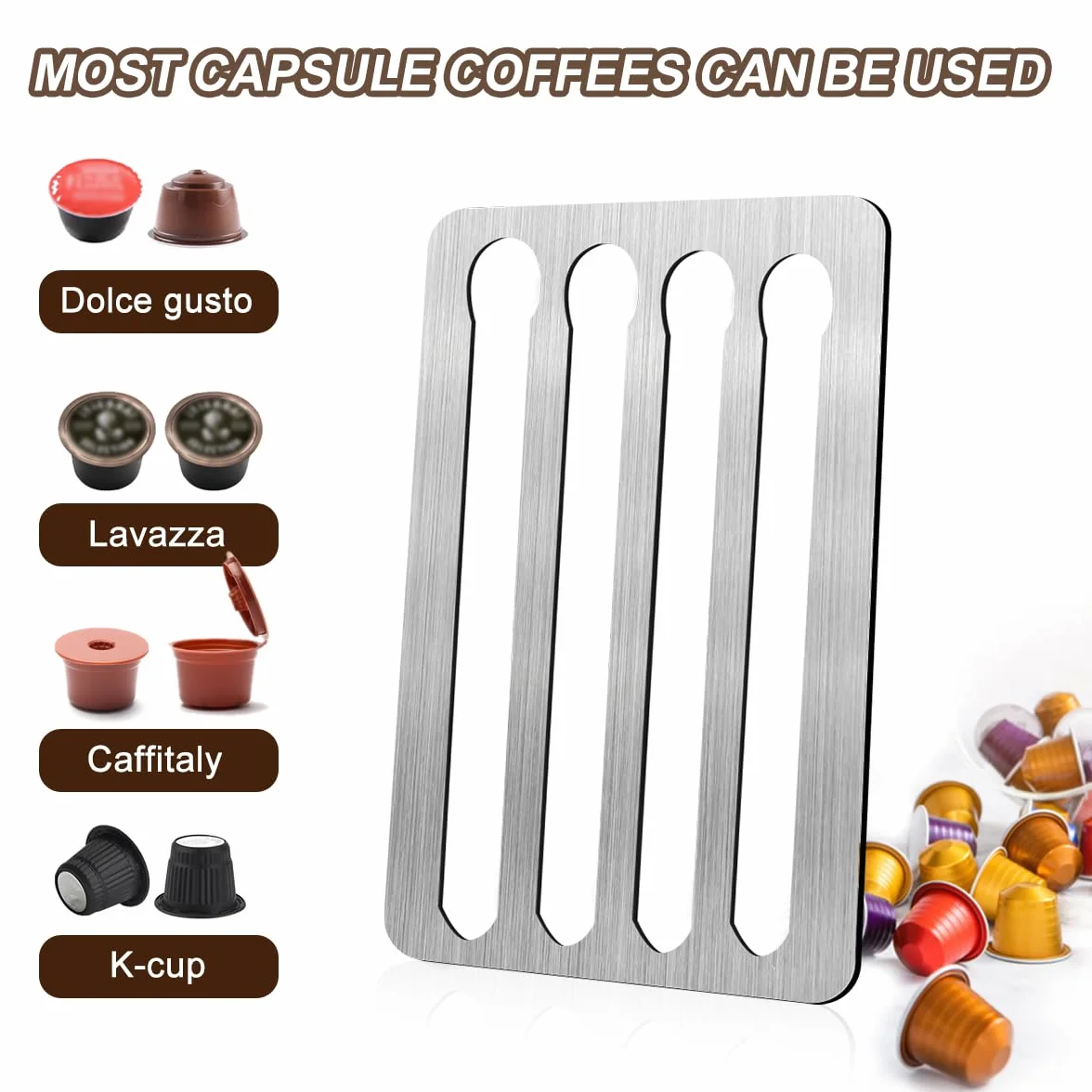 Porta Dispensador Guarda Capsulas para Nespresso,40,5x22cm Inoxidable Soporte Capsulas para Nespresso Vertuo,3M Cinta Adhesiva Soporte para Cápsulas de Café, para Almacenamiento de 40 Cápsulas Café