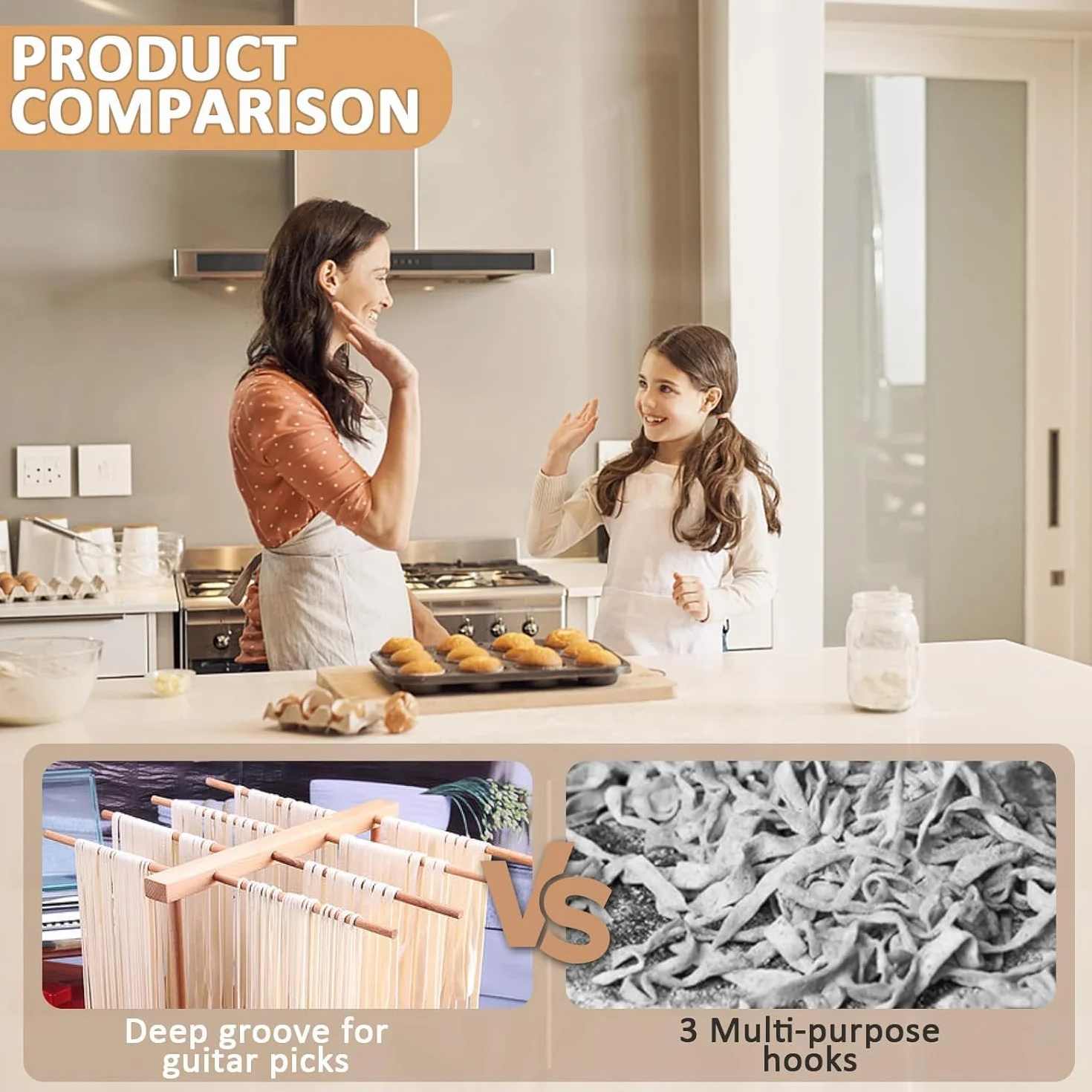 Secador de Pasta, Rejilla de Secado de Pasta de Madera Plegable Madera de Haya Natural, con Asas de 8 Barras Rejilla de Secadora Colgante de Espagueti, para Restaurante Hoga