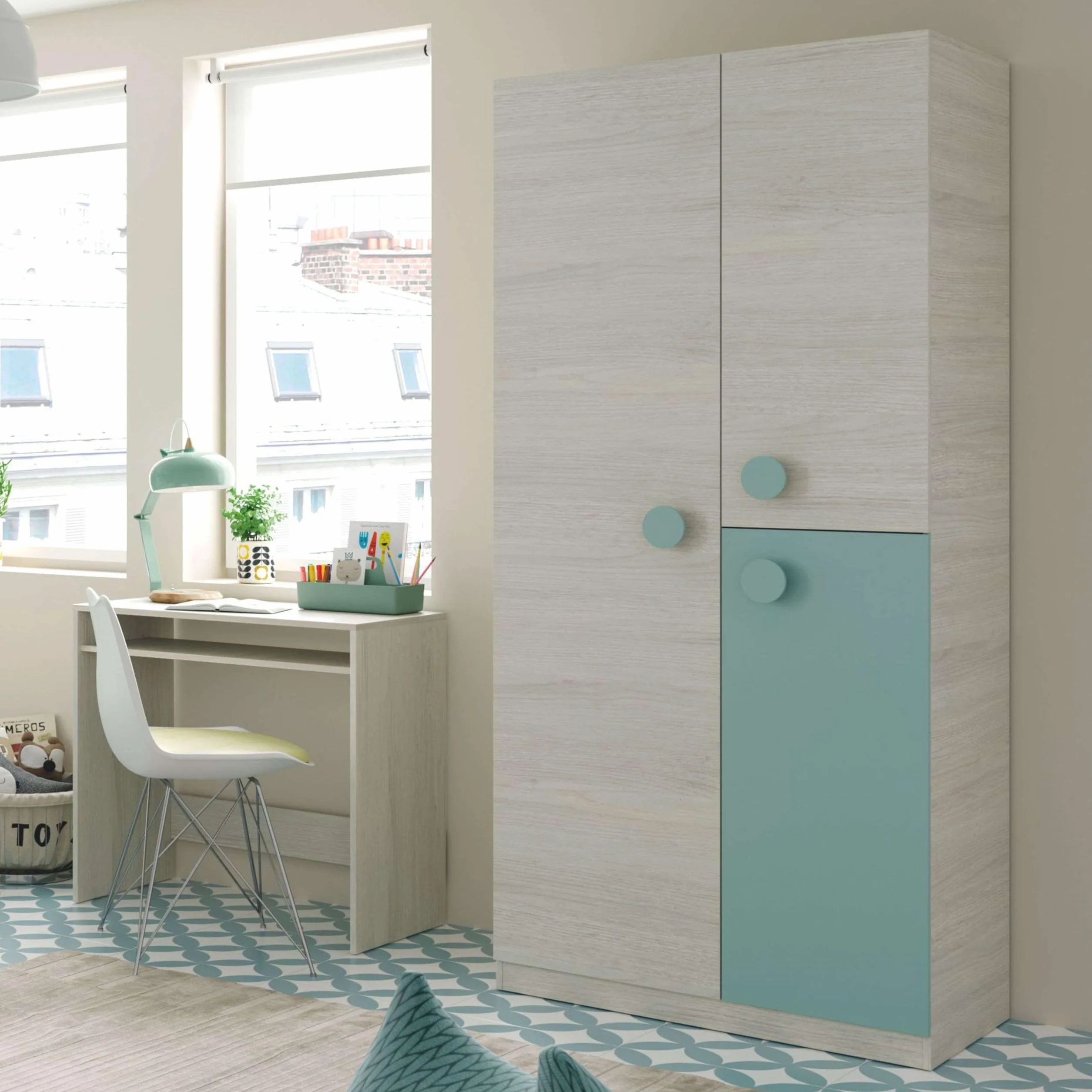 Habitdesign Armario Juvenil 3 Puertas, 200x90x52 (AltoxAnchoxFondo - en cm), Color Blanco Alpes y Verde Acqua