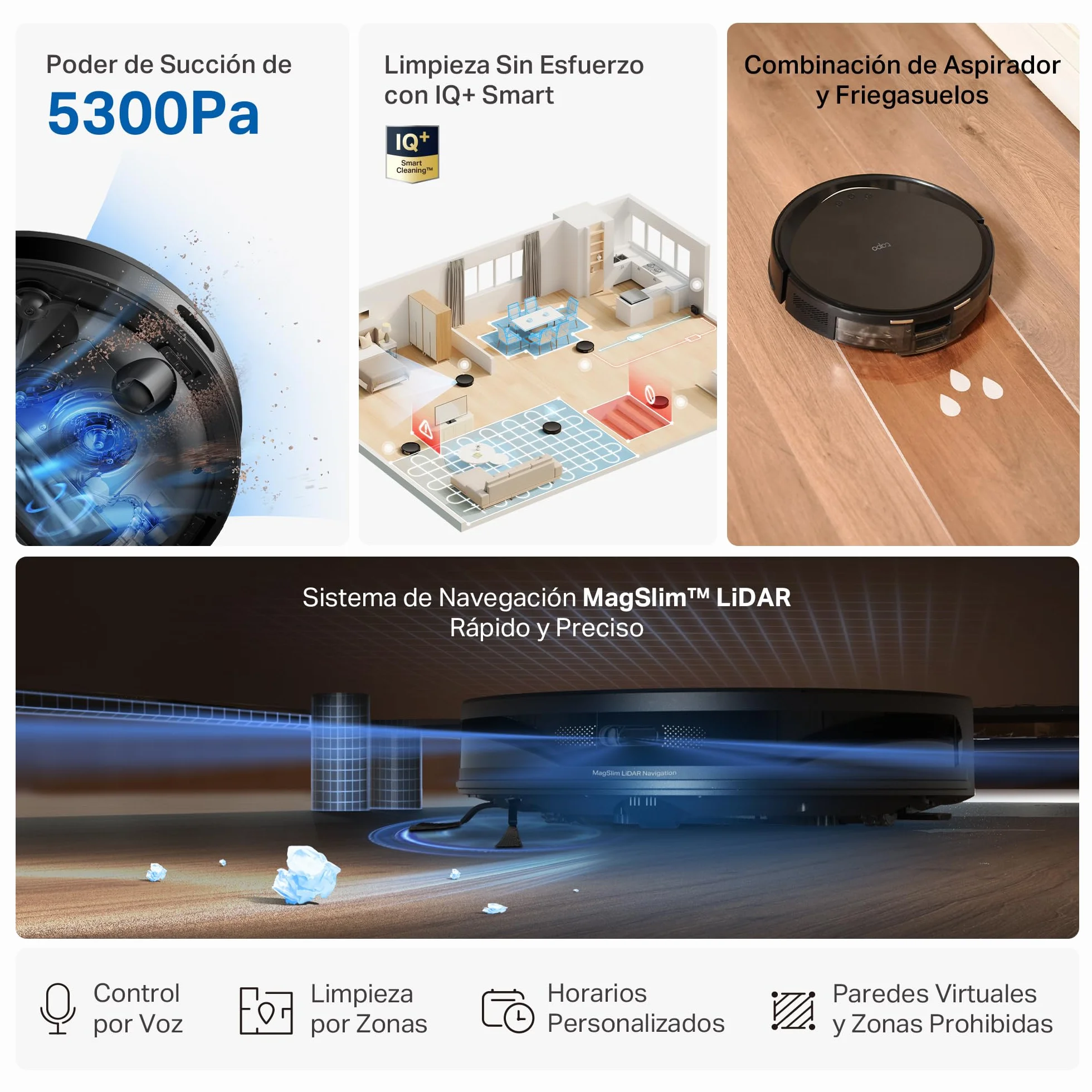 Tapo RV20 MAX – Robot Aspirador y Friegasuelos 4 en 1, Ultrasucción 5300Pa, Navegación LiDAR MagSlim, Limpieza Inteligente IQ+, Diseño Ultrafino 83mm, Limpieza Personalizable con App, Alexa y Google