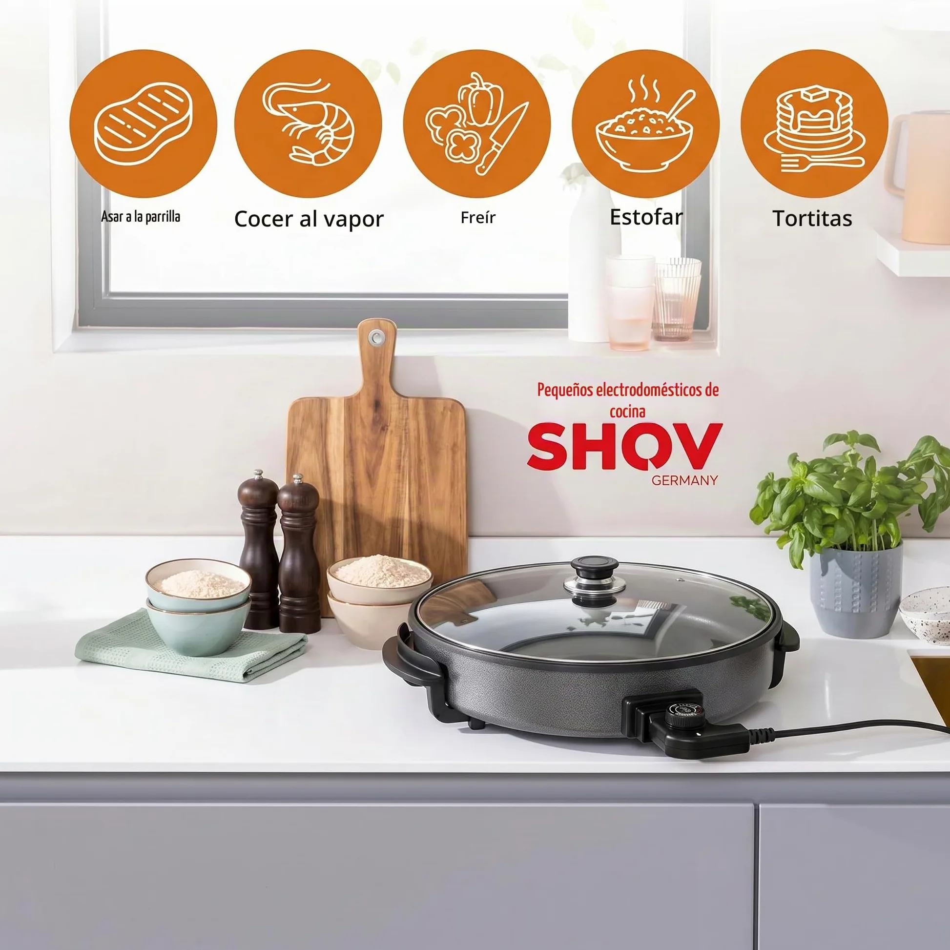 Shov Sartén eléctrica para pizza y multibräter XL – 48 cm de diámetro, 7 cm de profundidad | Sartén antiadherente y tapa de vidrio | 1500 W | Termostato ajustable para pizza, paella, giroscopios y