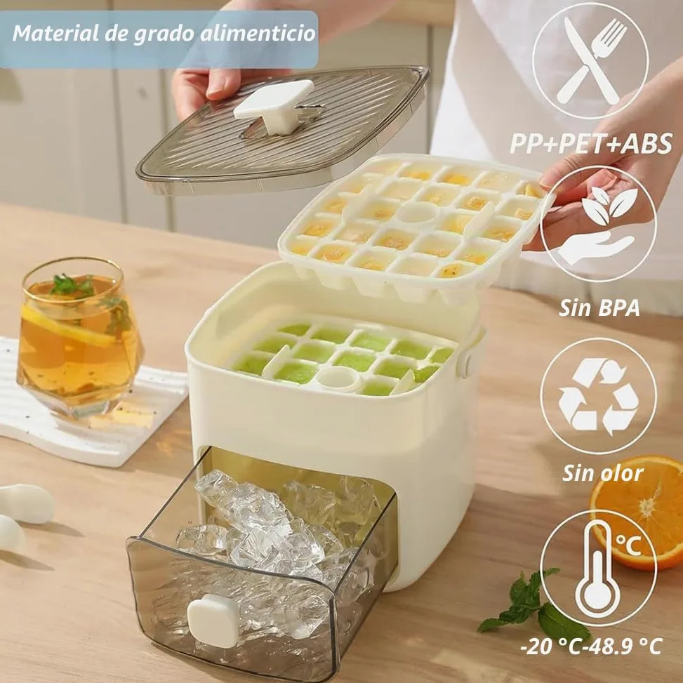 Máquina de Cubitos 48 Rejillas con Tapa de Prensa, Bandeja Hielo Doble Capa para Congelador, Molde Silicona de Liberación Rápida y Caja Almacenaje con Pala para Whisky o Cóctel (A+Insulated Bag)