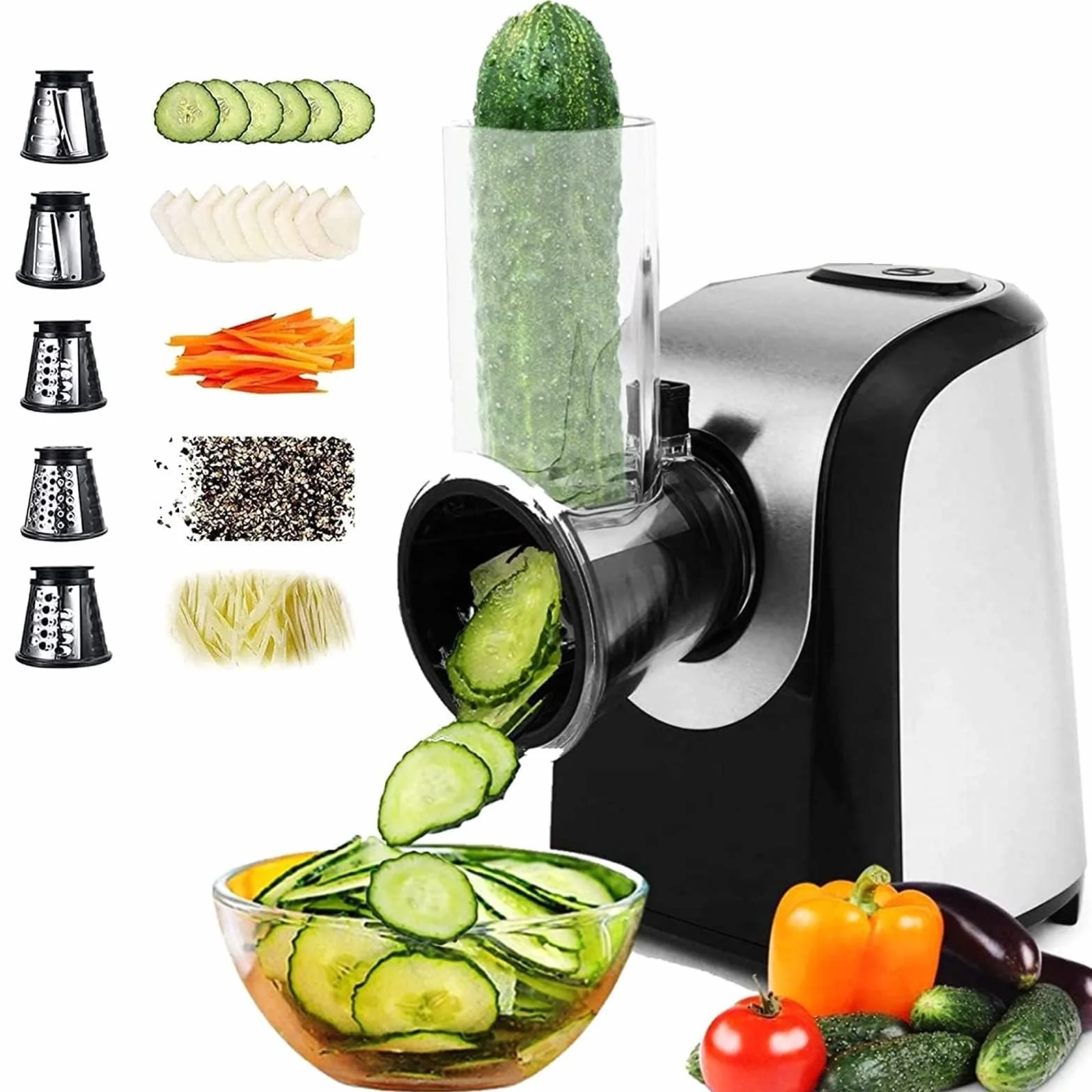 COOCHEER Cortador de verduras eléctrico, profesional, 150 W, de acero inoxidable, rallador múltiple con 5 tambores de corte para frutas, verduras y queso