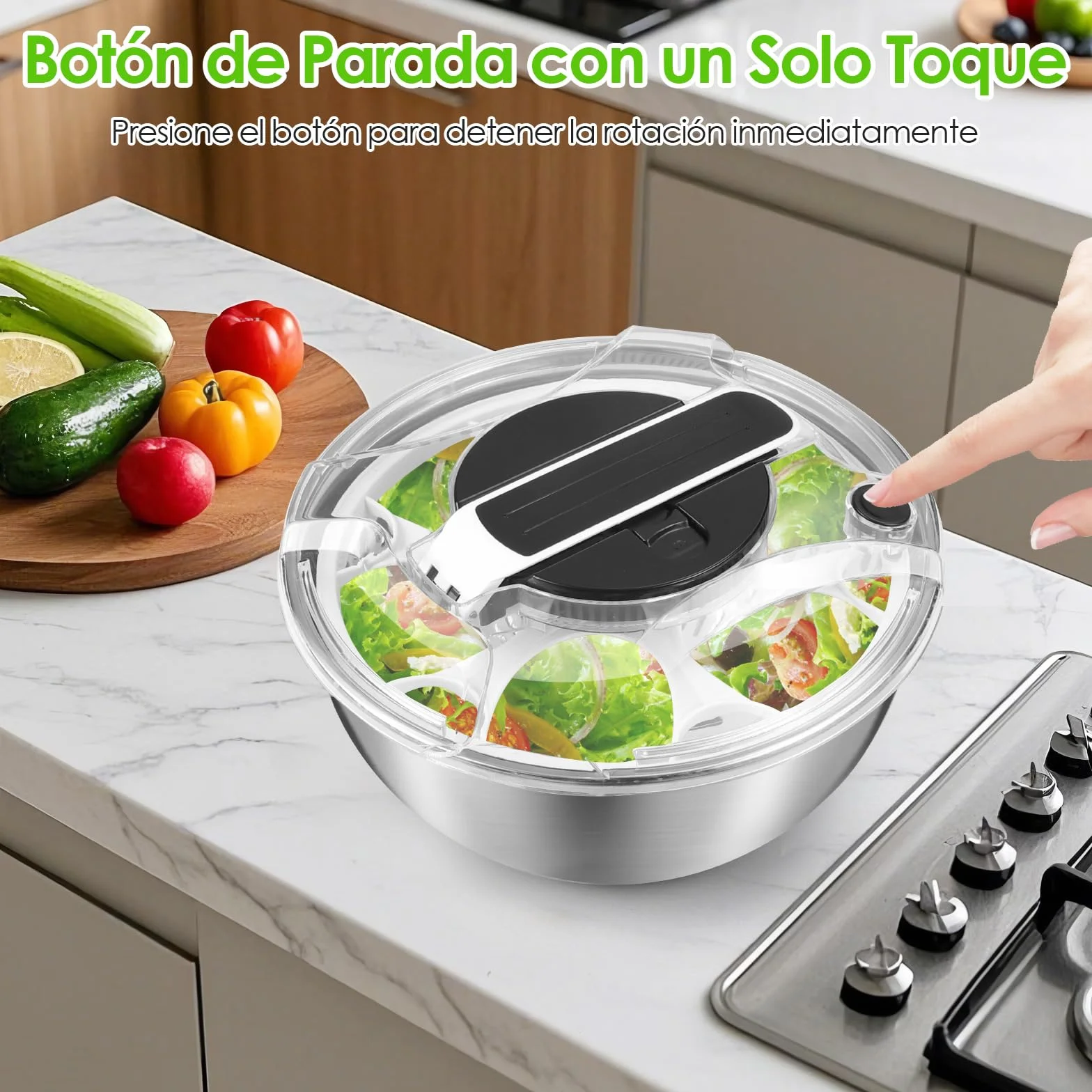 Centrifugadora Lechuga 4,5L de Acero Inoxidable Grande, Escurridor Lechuga Centrifuga con Tapa, Base Antideslizante, Escurridor Ensalada para Lavar y Escurrir Las Ensaladas