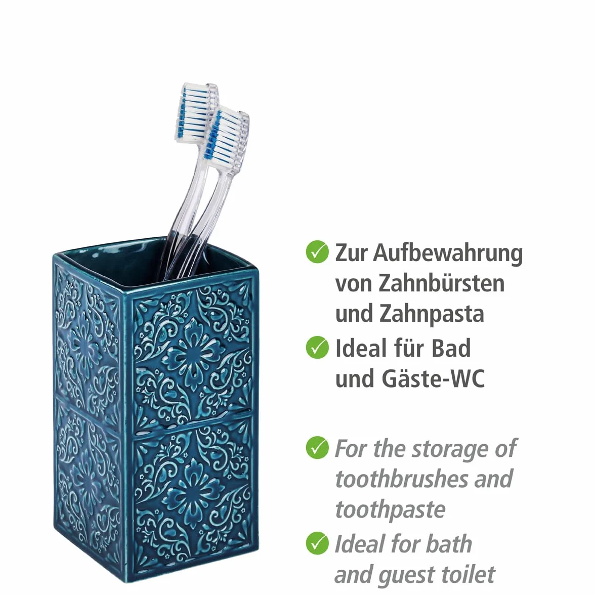Wenko Cordoba Vaso para Cepillos de Dientes, Cerámica, Azul, 6.5x6.5x12 cm