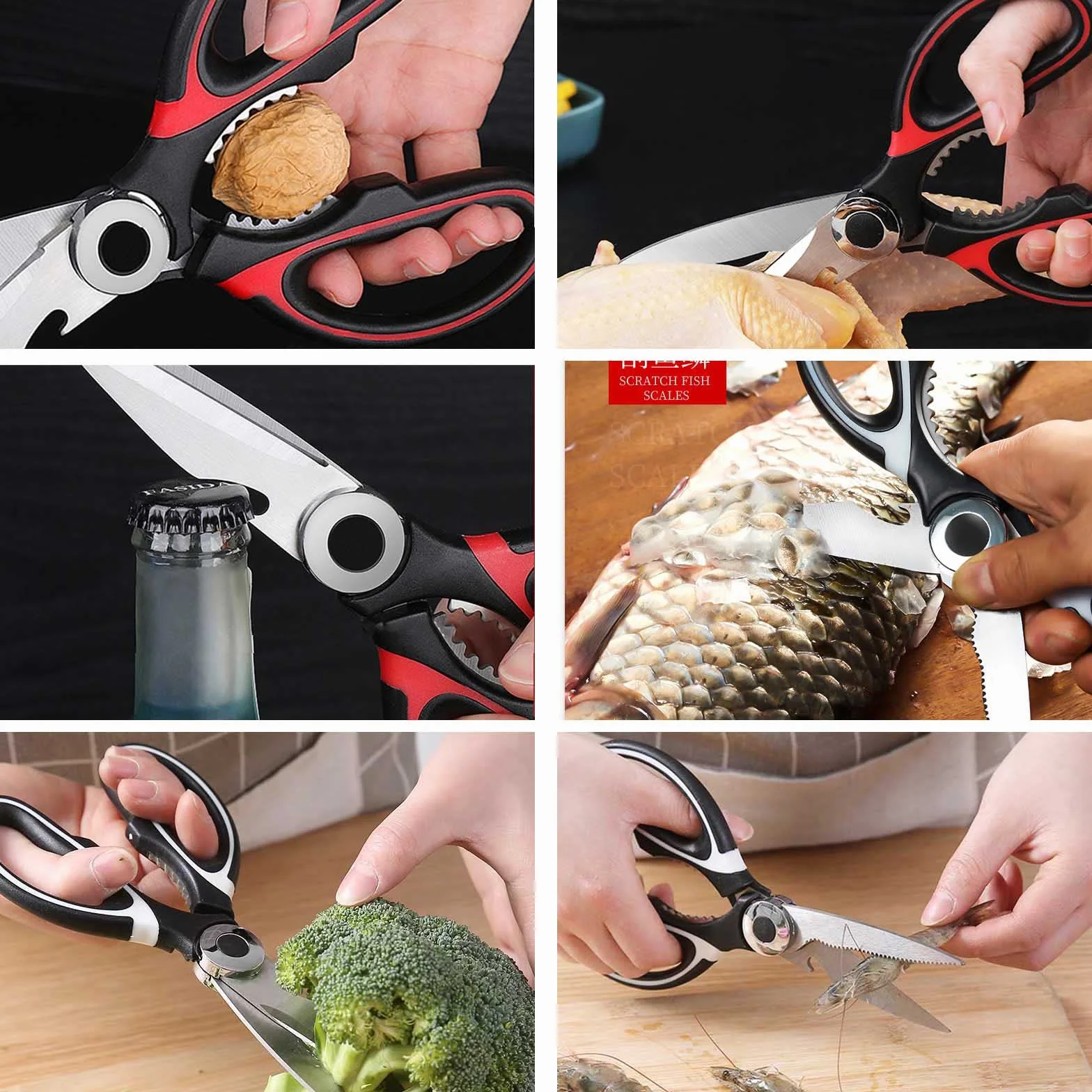 Tijeras de Cocina Multifunción Profesionales Con Funda Protectora - Acero Inoxidable Para Pollo, Carne, Verduras, Hierbas, Barbacoa (Rojo)