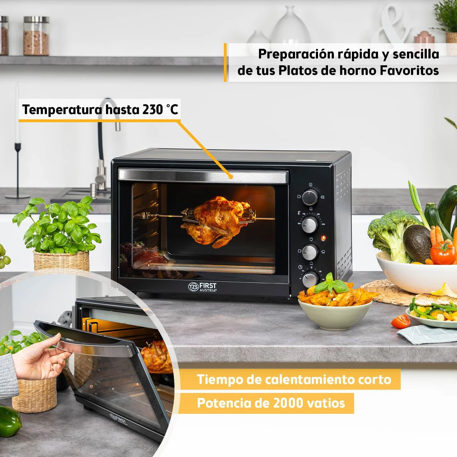 TZS First Austria - Mini Horno 45L 2000W - Minihorno para pizza hasta 230°C y revestimiento antiadherente - Con temporizador 60 min, 4 alturas de inserción, bandeja, rejilla y asador giratorio