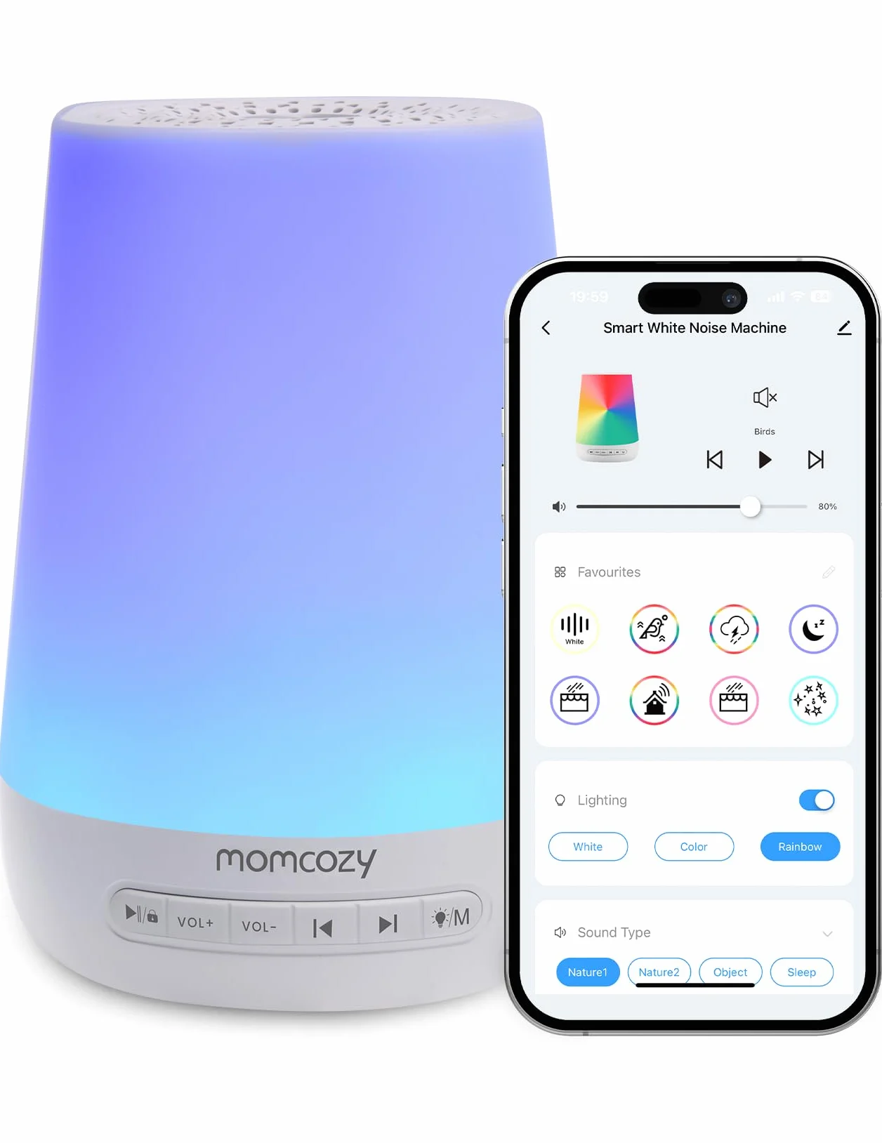 Momcozy Maquina Ruido Blanco con 34 Sonidos Relajantes, Luz Nocturna 7 Colores, Entrenador de Sueño, Control App, Temporizador