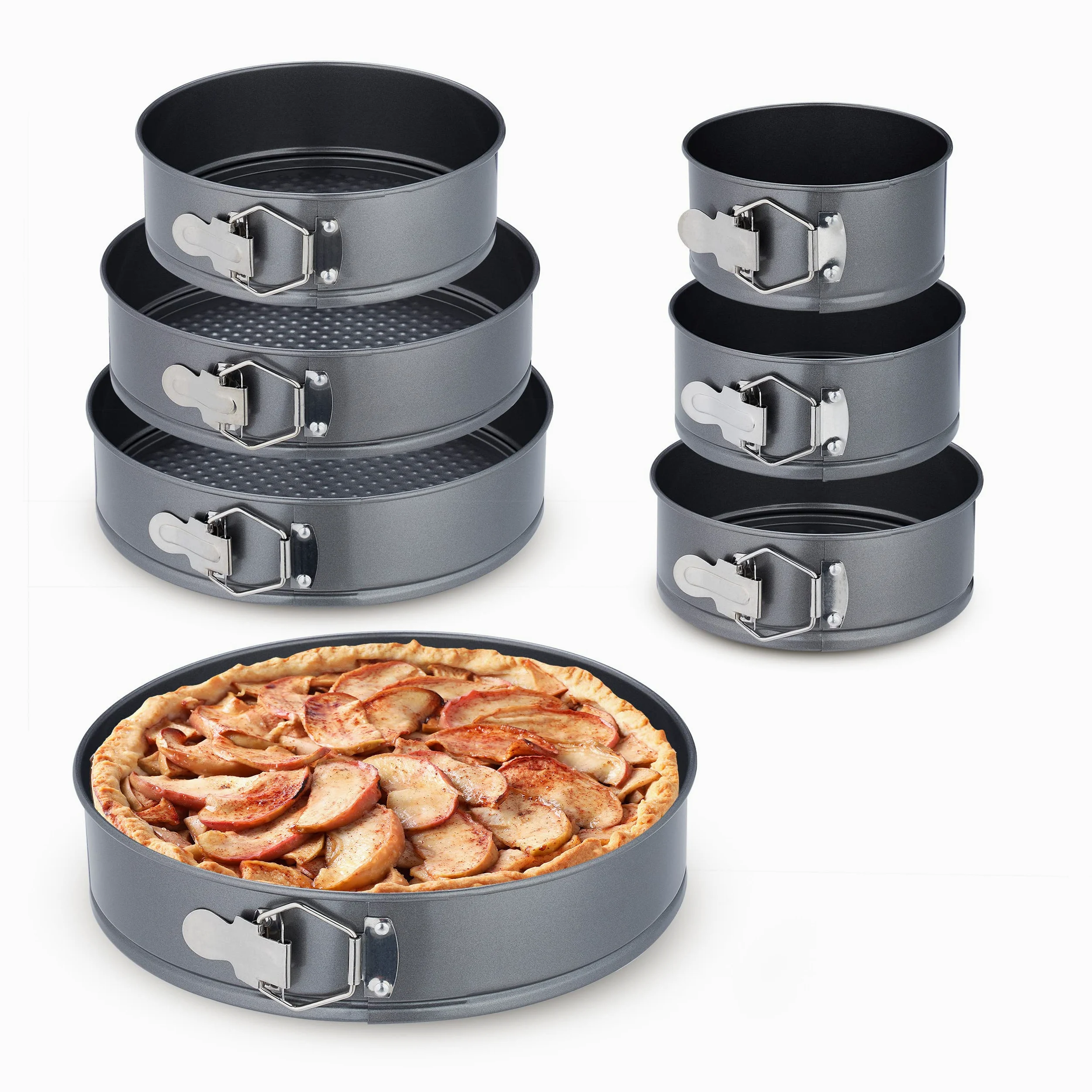 Relaxdays Set Moldes Bizcocho, 7 Bizcocheras Redondas, 14/16/18/20/24/26/28 cm, Acero INOX., Antiadherentes, Antracita