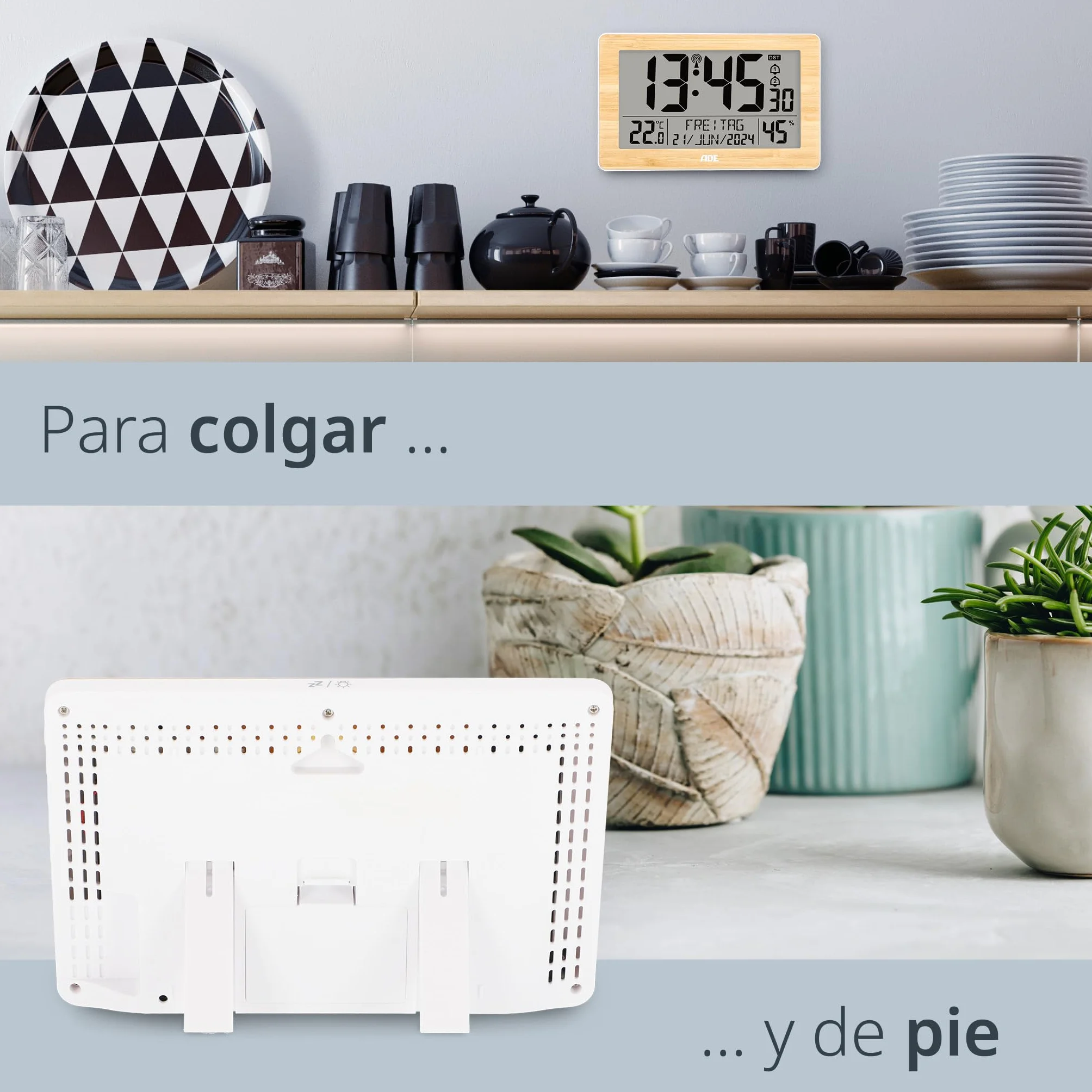 ADE Reloj Digital XL Radio-controlado con dígitos Muy Grandes | Reloj de Mesa con 2 Horas de Alarma e iluminación | termómetro higrómetro | Marco Delgado Hecho de bambú Real