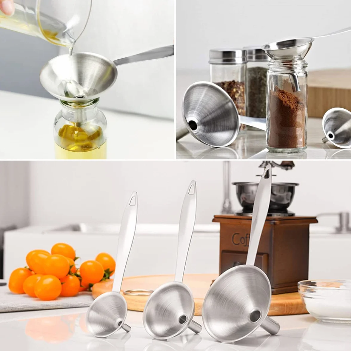 3 Piezas Embudo Cocina, Witbicg Embudo Acero Inoxidable Filtro Aceite Cocina Embudos Para Cocina, Viene Con 2 Cepillos De Limpieza Para Transferir Líquidos y Polvos (Pequeño + Grande)