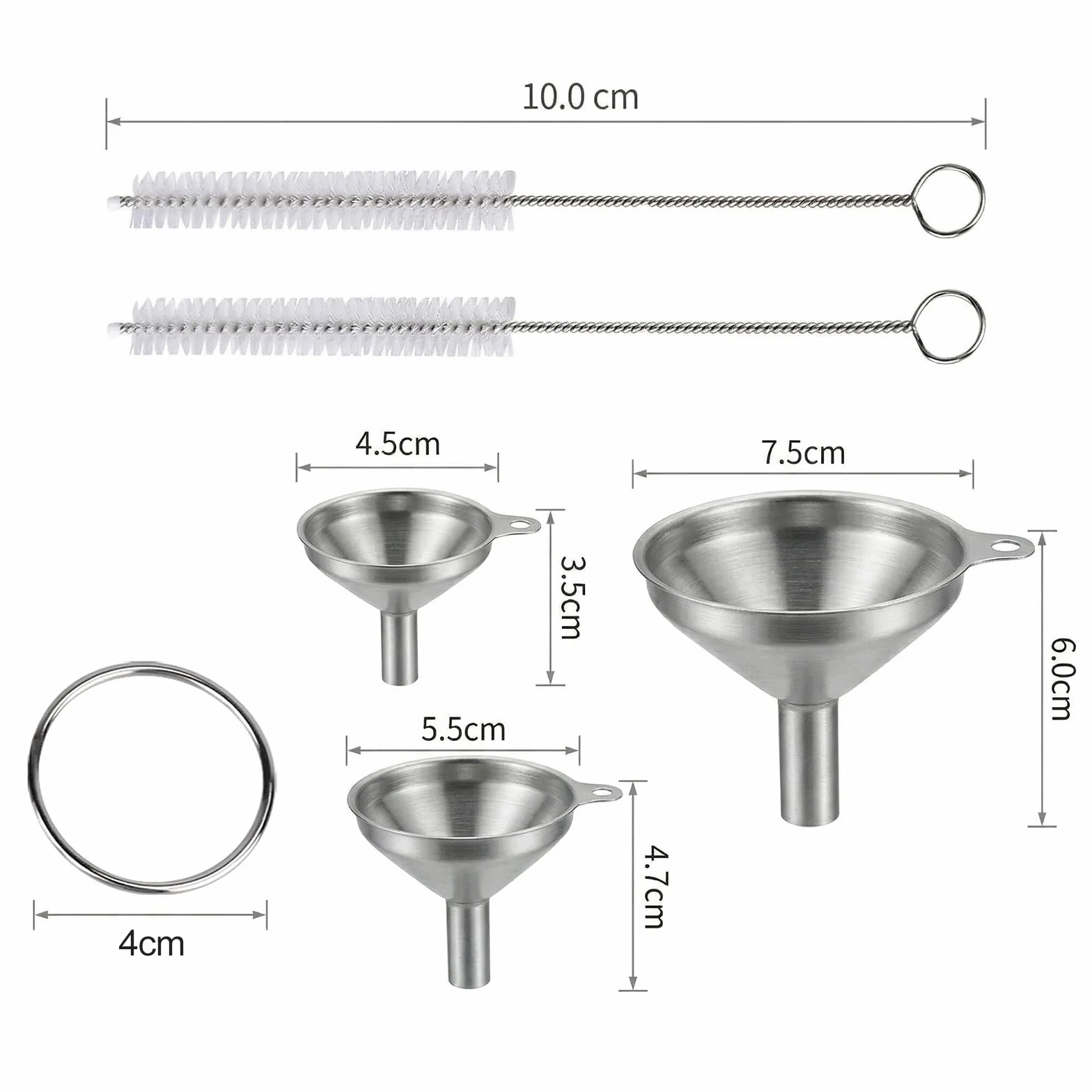 3 Embudos de Acero Inoxidable, Mini Embudos de Cocina con 2 Cepillos de Limpieza, Embudos Pequeños de Cocina con Asa, Embudos de Acero Inoxidable para Líquidos y Polvos