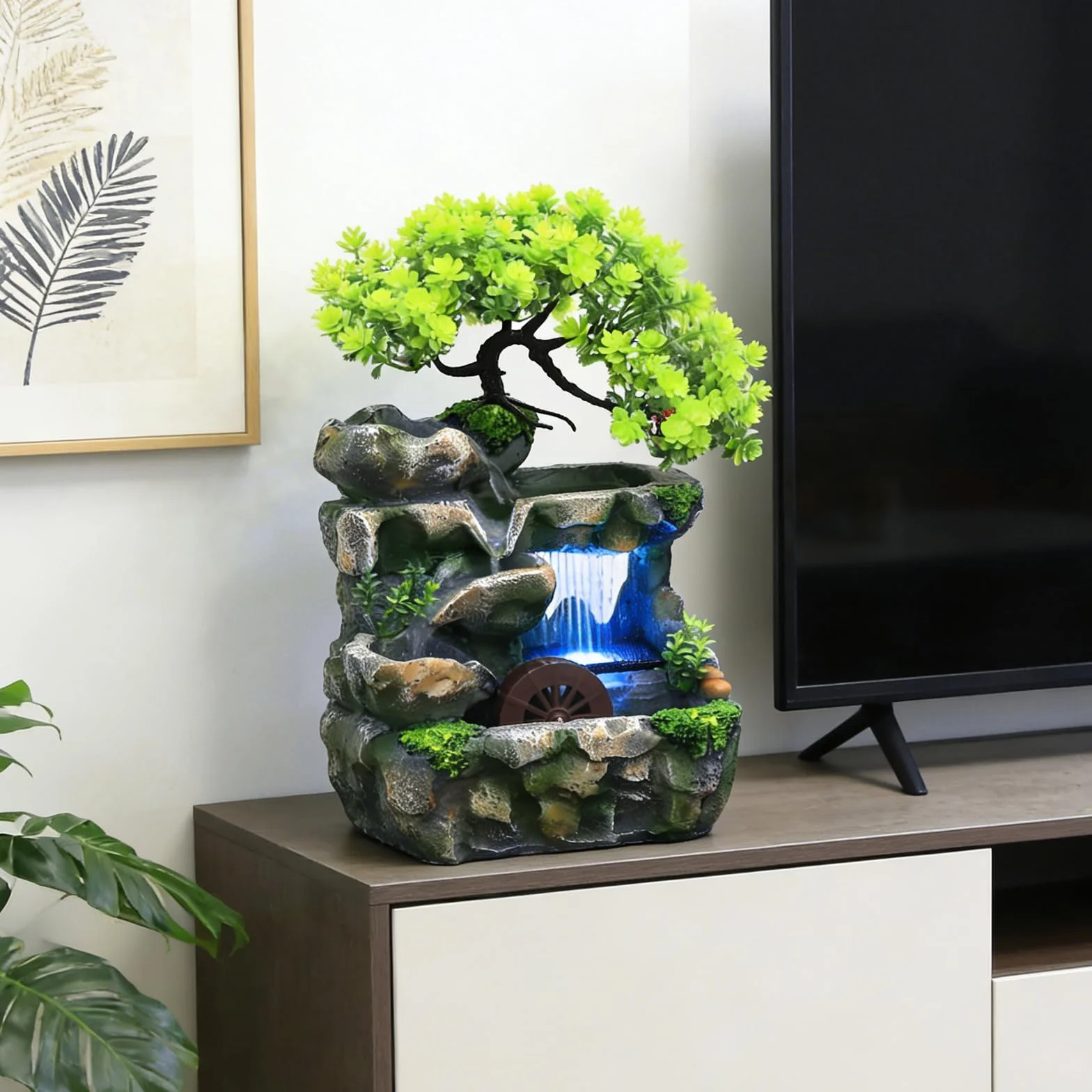 Fuente Agua Decorativa, Fuente de Interior con Iluminación LED Fuente de Mesa de Resina Cascada de Meditación Zen con Rueda Feng Shui Bomba Silenciosa Decoración de Mesa para Escritorio